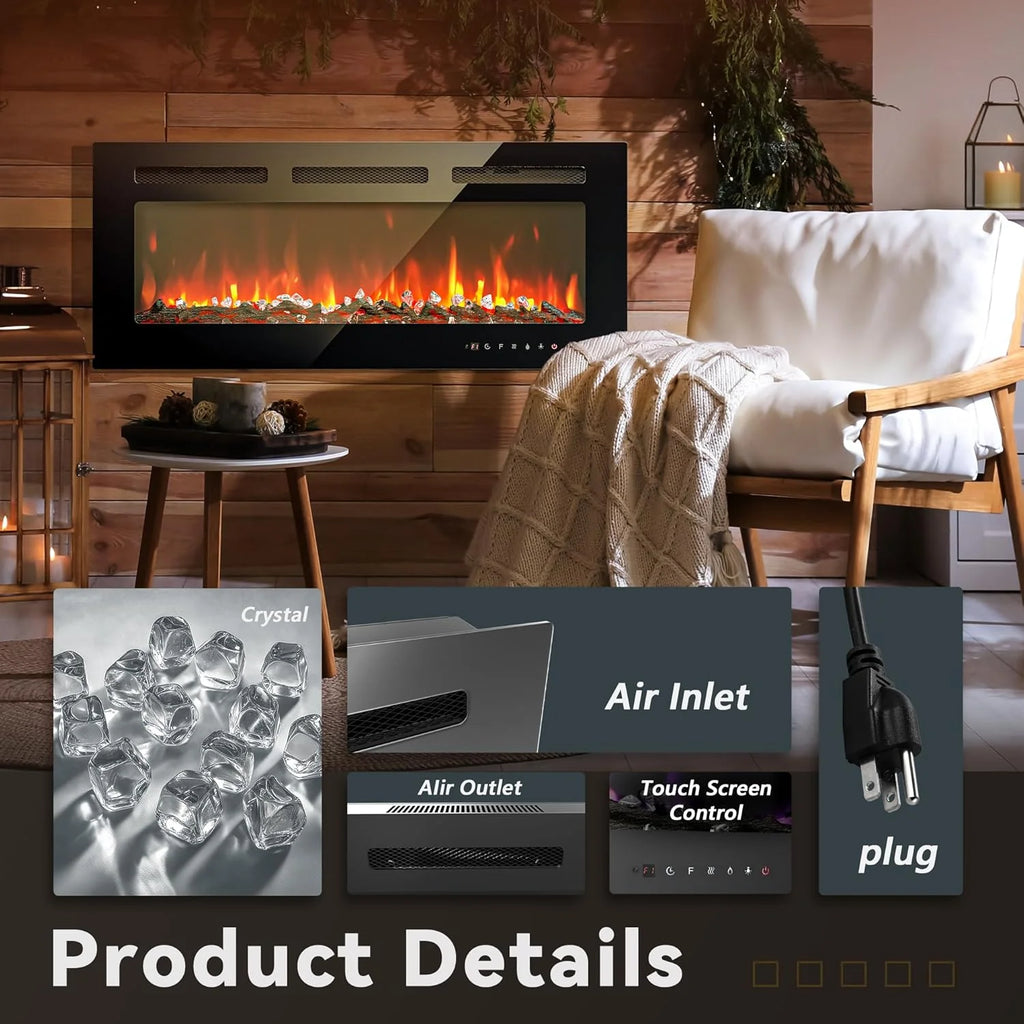 EUHOMY 50 Inch Electric Fireplace Wall Recessed and Wall Mounted with Adjustable Flame Color, Fireplace Heater with Remote Control, Linear Fireplace with Timer, Touch Screen, Log & Crystal, 750/1500W