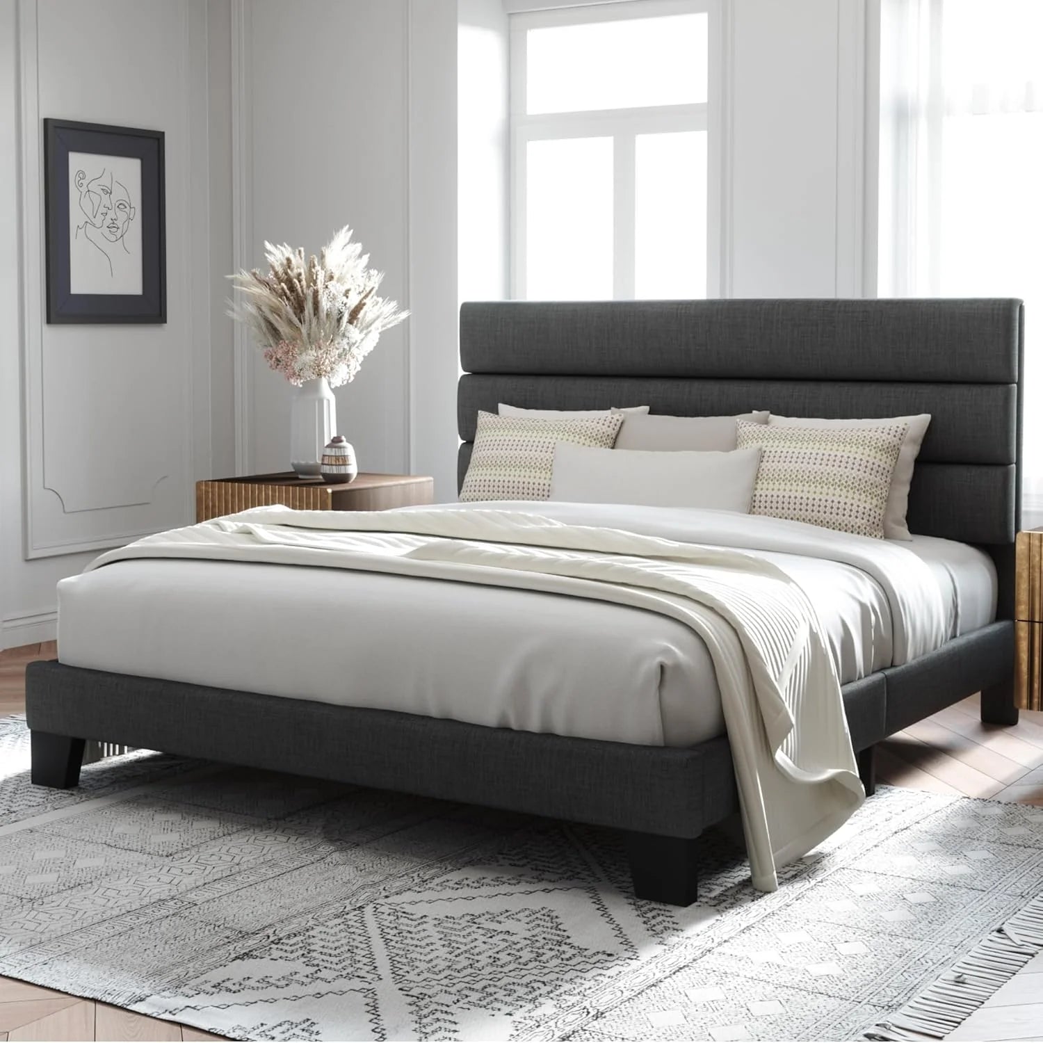 Allewie Queen Size Platform Bed Frame Fabric Upholstered Headboard Wooden Slats Support