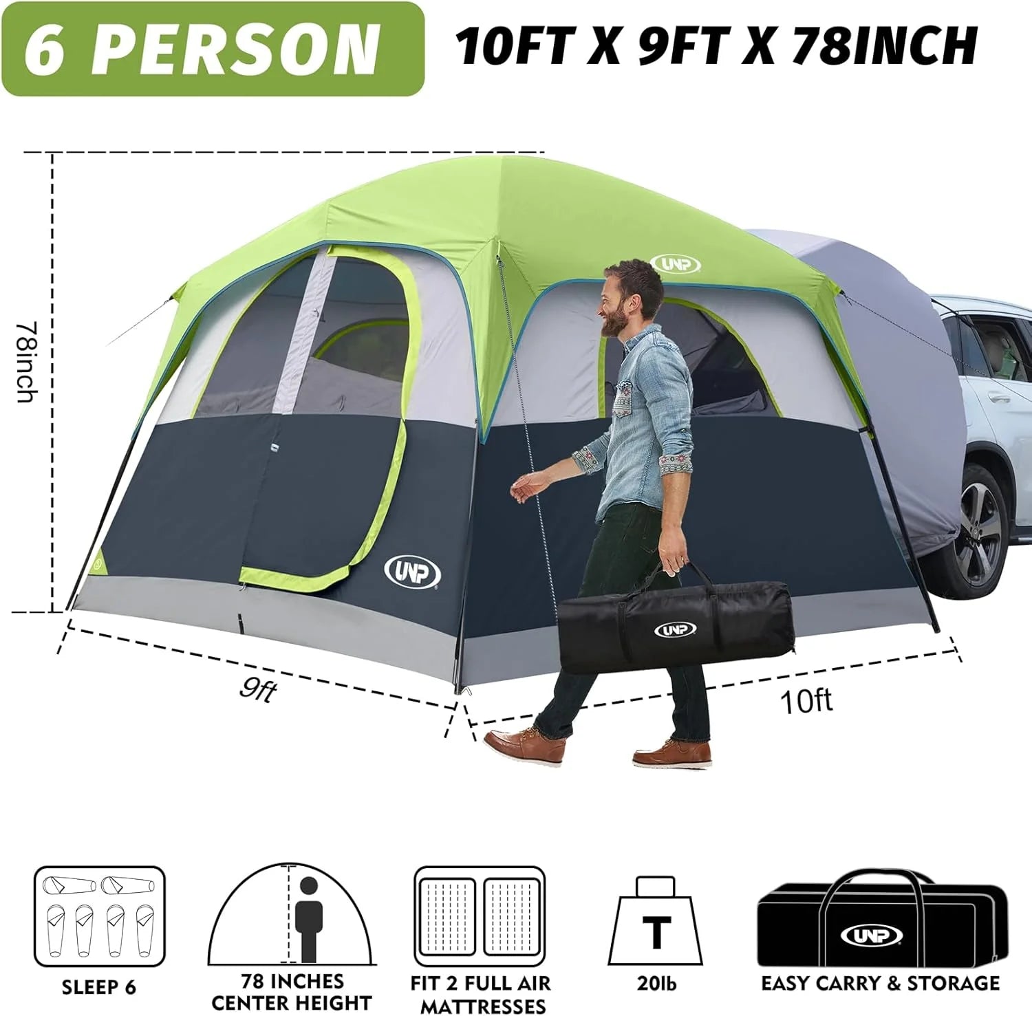 SUV Tent for Camping, 6-Person SUV Tailgate Tent - Easy Set Up with Rainfly, 10'x9'x78in(H)