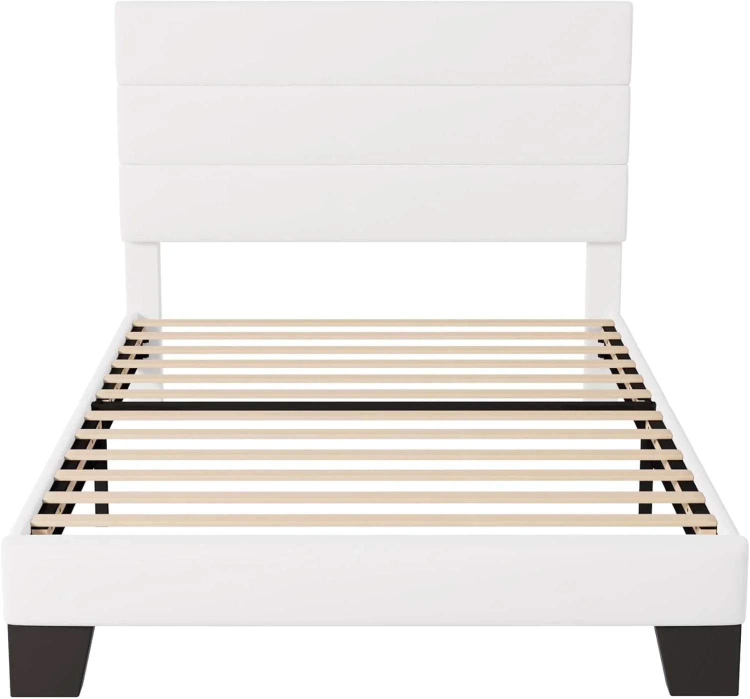 Allewie King size platform bed frame with velvet upholstered headboard and planks