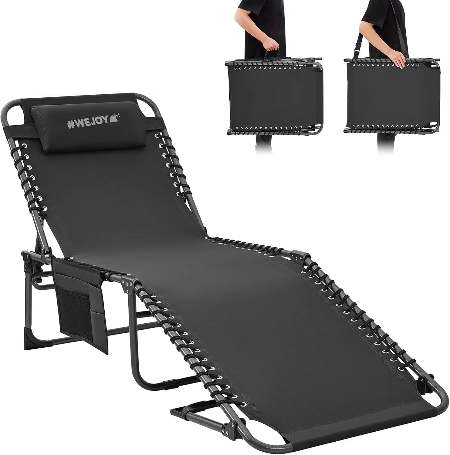 2 Pack Outdoor Chaise Lounge Chair - Portable Folding Patio Pool Lounge Chair, 5 Positions Adjustable Reclining Camping Chair with Side Table,Shoulder Strap, Pillow for Beach Sunbathing Lawn