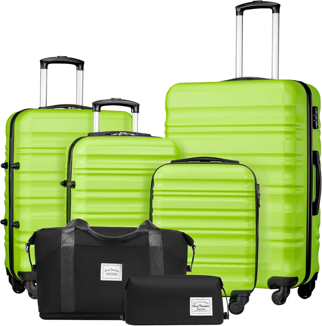 LONG VACATION 6 Piece Luggage Set Carry on Suitcase with ABS+PC hardshell, Spinner Wheels & YKK Zipper TSA Lock