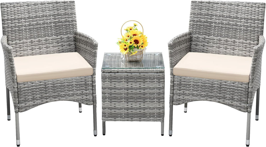 Devoko Patio Porch Furniture Sets 3 Pieces PE Rattan Wicker Chairs with Table Outdoor Garden Furniture Sets (Brown/Beige)