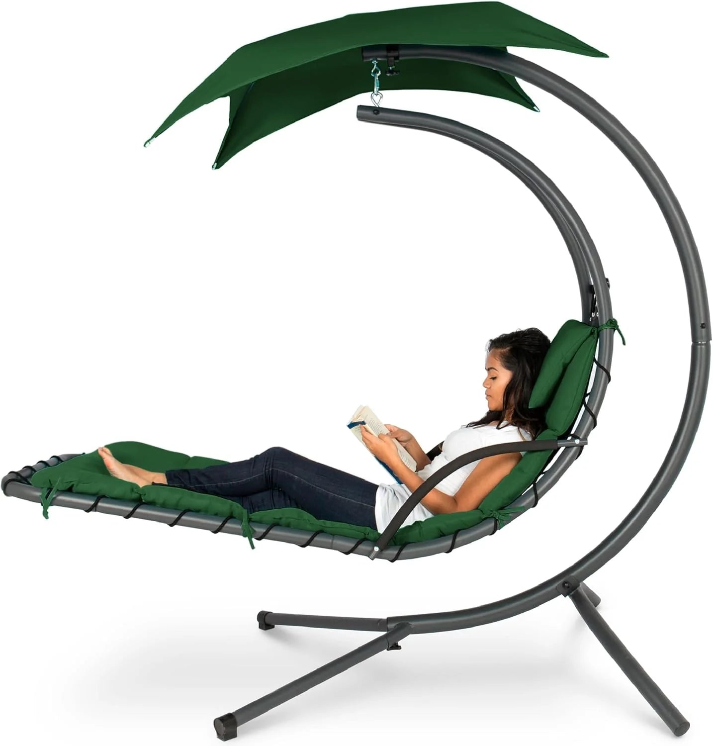 Best Choice Products Outdoor Hanging Curved Steel Chaise Lounge Chair Swing w/Built-in Pillow and Removable Canopy - Charcoal Gray