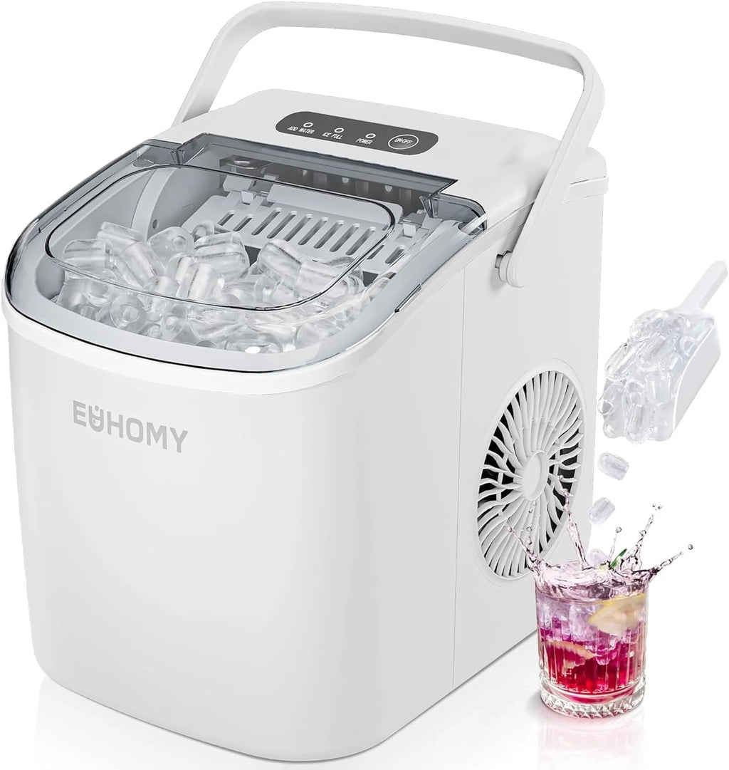 EUHOMY Countertop Ice Maker Machine with Handle, 26lbs in 24Hrs, 9 Ice Cubes Ready in 6 Mins, Auto-Cleaning Portable Ice Maker with Basket and Scoop, for Home/Kitchen/Camping/RV. (Black)