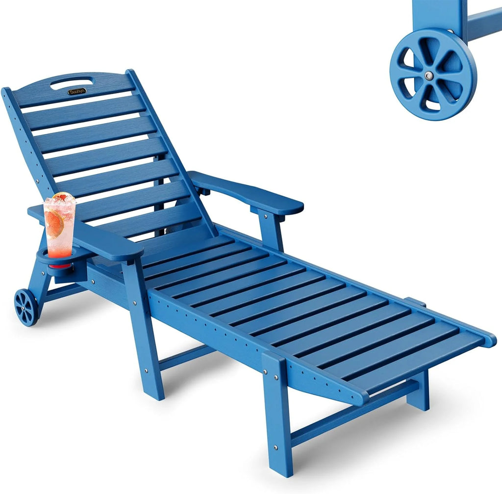 Lounge Chair Outdoor, Chaise Lounge, HDPE 6-Position Outdoor Chaise Lounge, Patio Lounge Chair with Wheels & Cup Holder for Pool Poolside Deck Backyard, Teak