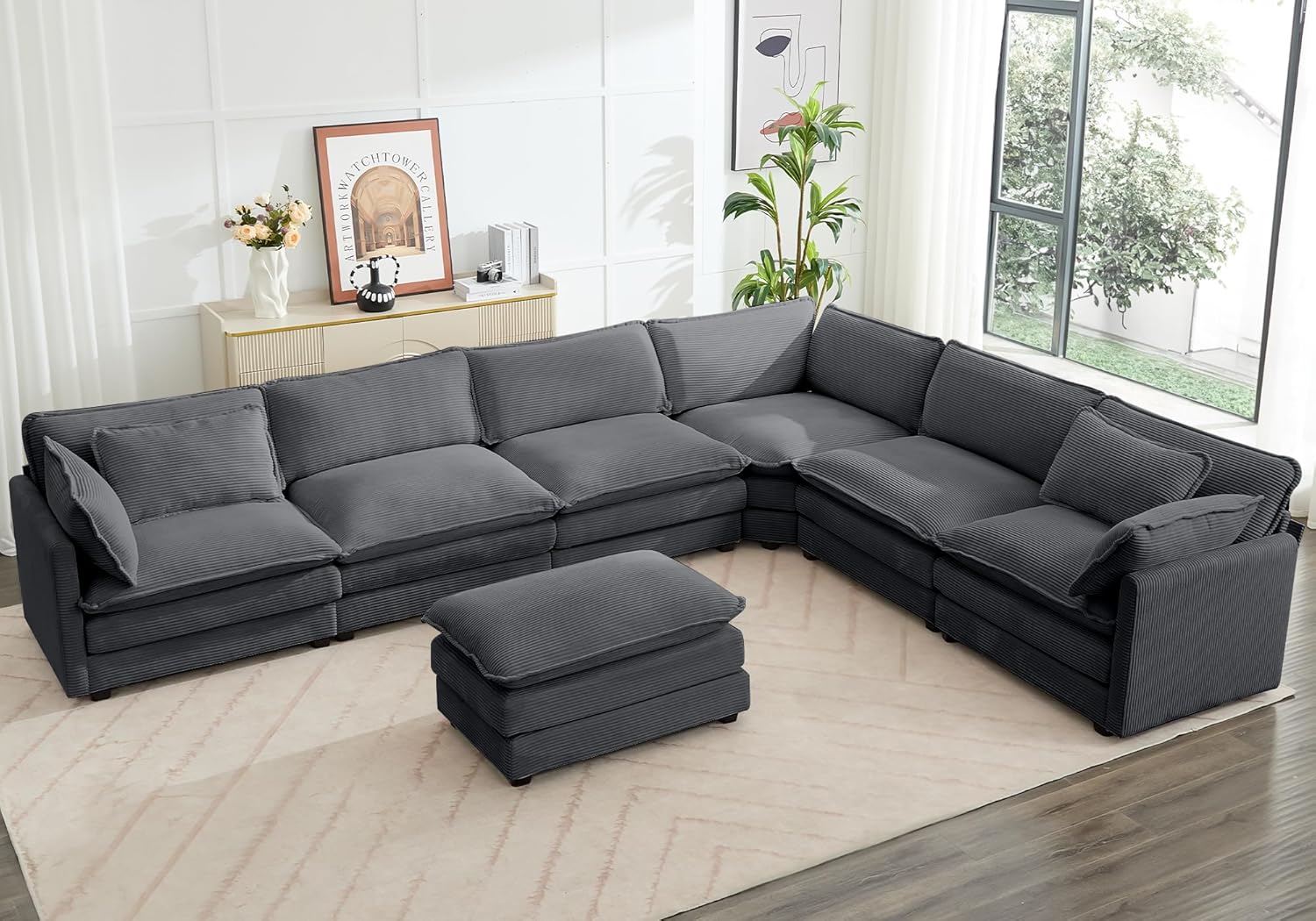 ROWHY Oversized Modular Sectional Sofa with Movable Ottoman, 112 Inch 4 Seat Modern Corduroy Sofa Set, Convertible L Shaped Couch for Living Room and Office, Beige