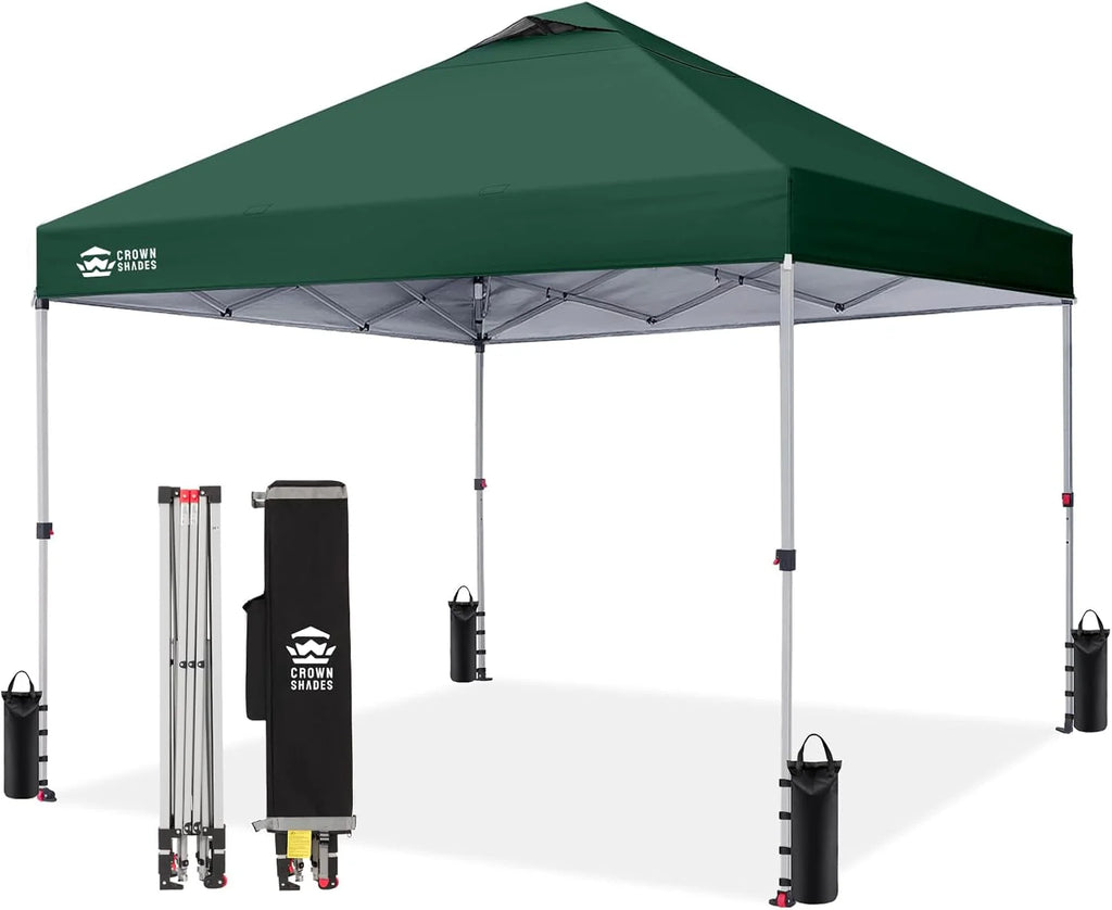 Crown Shades 10x10 Pop Up Canopy - Beach Tent with One Push Setup - Outdoor Sun Shade for Events, Parties, Camping - Gazebo with STO-N-Go Cover Bag, Silver Coated Top, 3 Height& 4 Sand Bags, Yellow