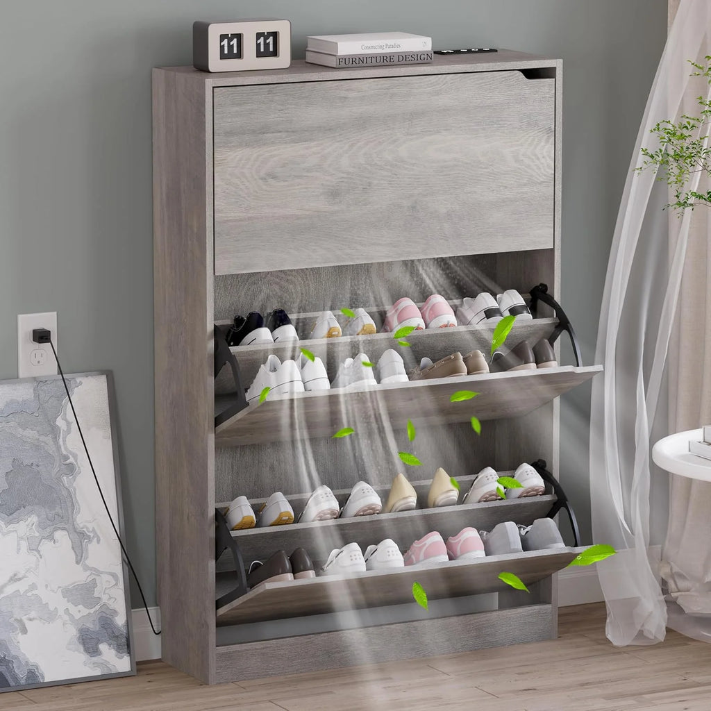 Shoe Cabinet with 3 Flip Drawers Hidden Wood Shoe Cabinet Freestanding Shoe Storage Cabinet
