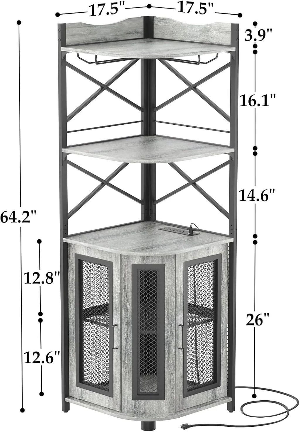 Corner bar cabinet with power socket, industrial style wine cabinet with LED light strip and glass rack, home five-layer wine cabinet bar unit, small space corner display cabinet