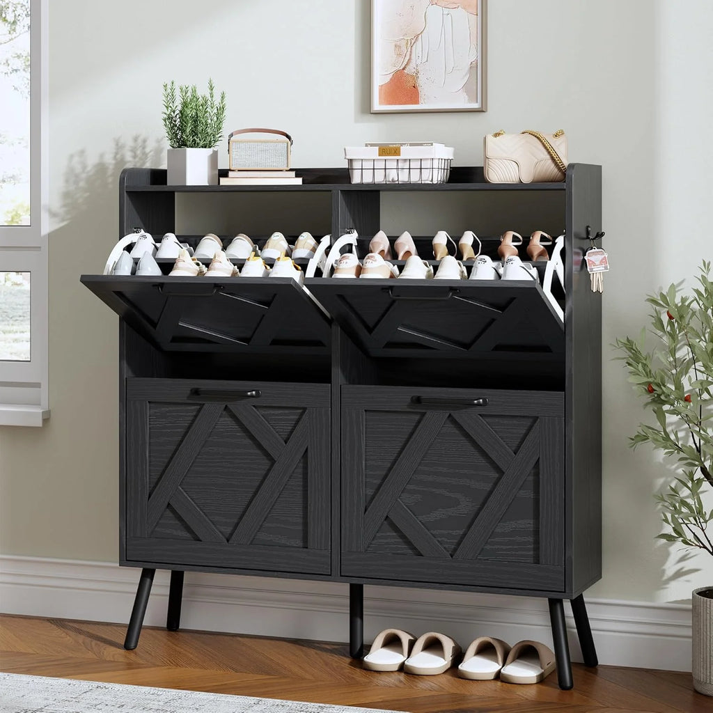Nicetree Shoe Cabinet with 2 Flip Drawers Freestanding Shoe Storage Cabinet Narrow Shoe Cabinet