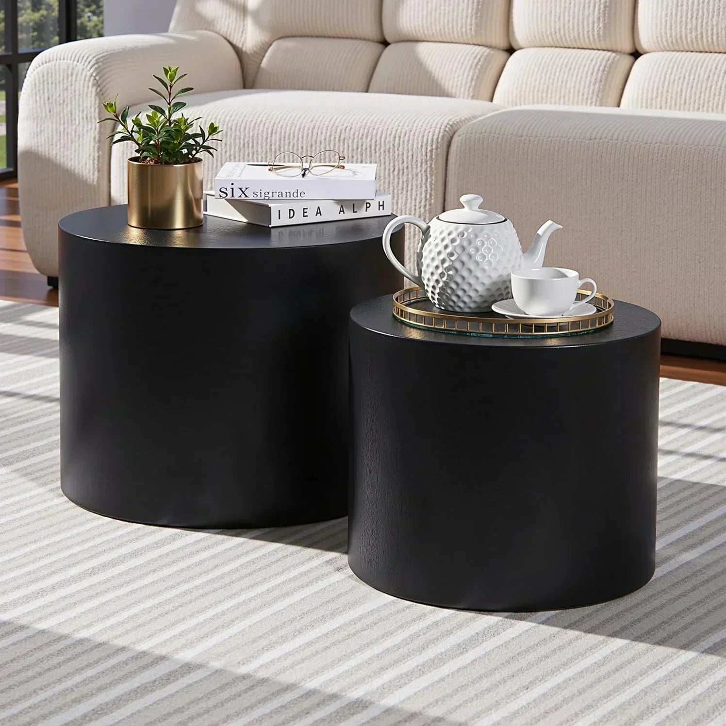 Nesting Coffee Table Set of 2 Modern Round Coffee Table with Non-Slip Feet Circle Accent Tables