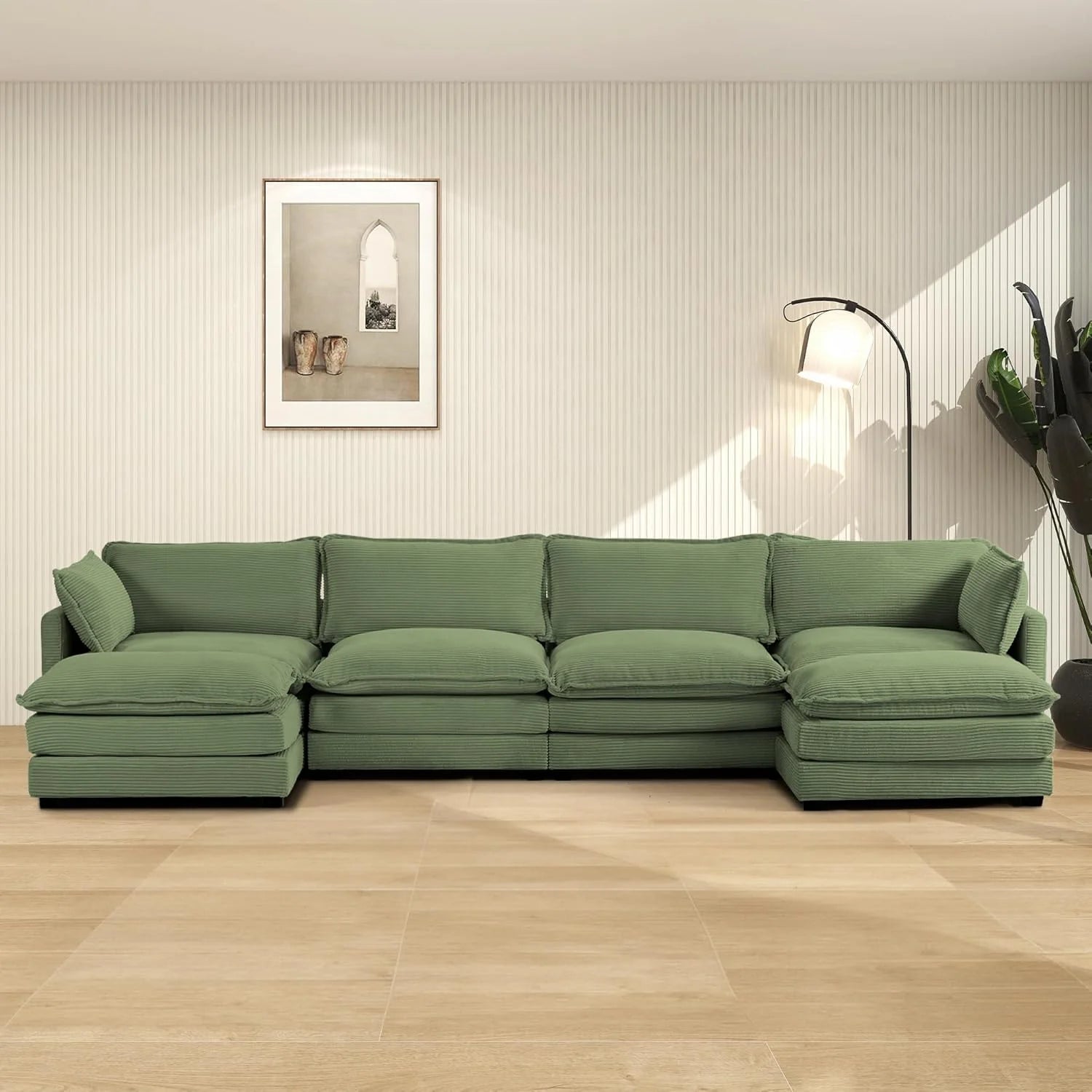 ROWHY Oversized Modular Sectional Sofa with Movable Ottoman, 112 Inch 4 Seat Modern Corduroy Sofa Set, Convertible L Shaped Couch for Living Room and Office, Beige