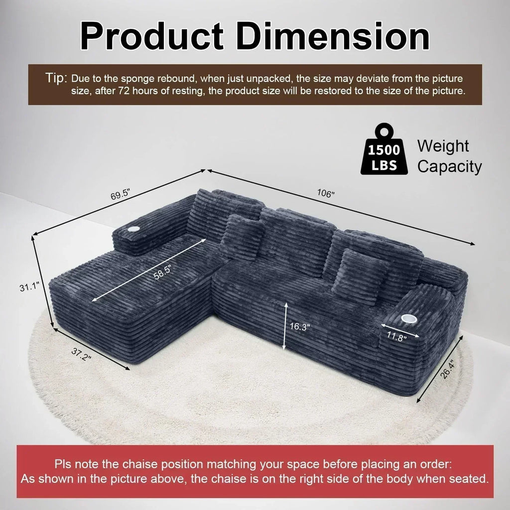 Cloud section sofa with L-shaped recliner modern modular sofa built-in cup holder