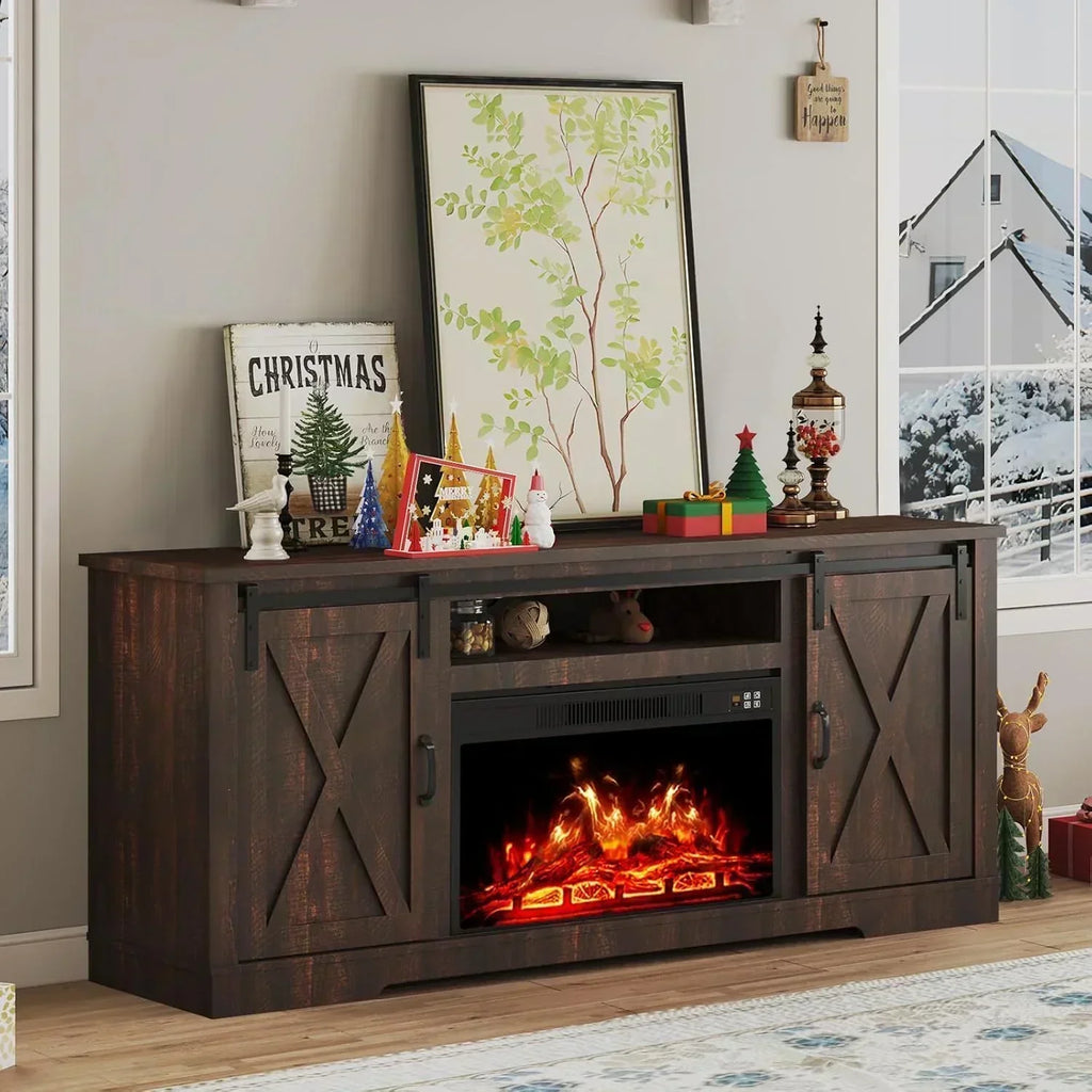 AMERLIFE Fireplace TV Stand with Sliding Barn Door  Farmhouse 63 Fireplace Entertainment Center