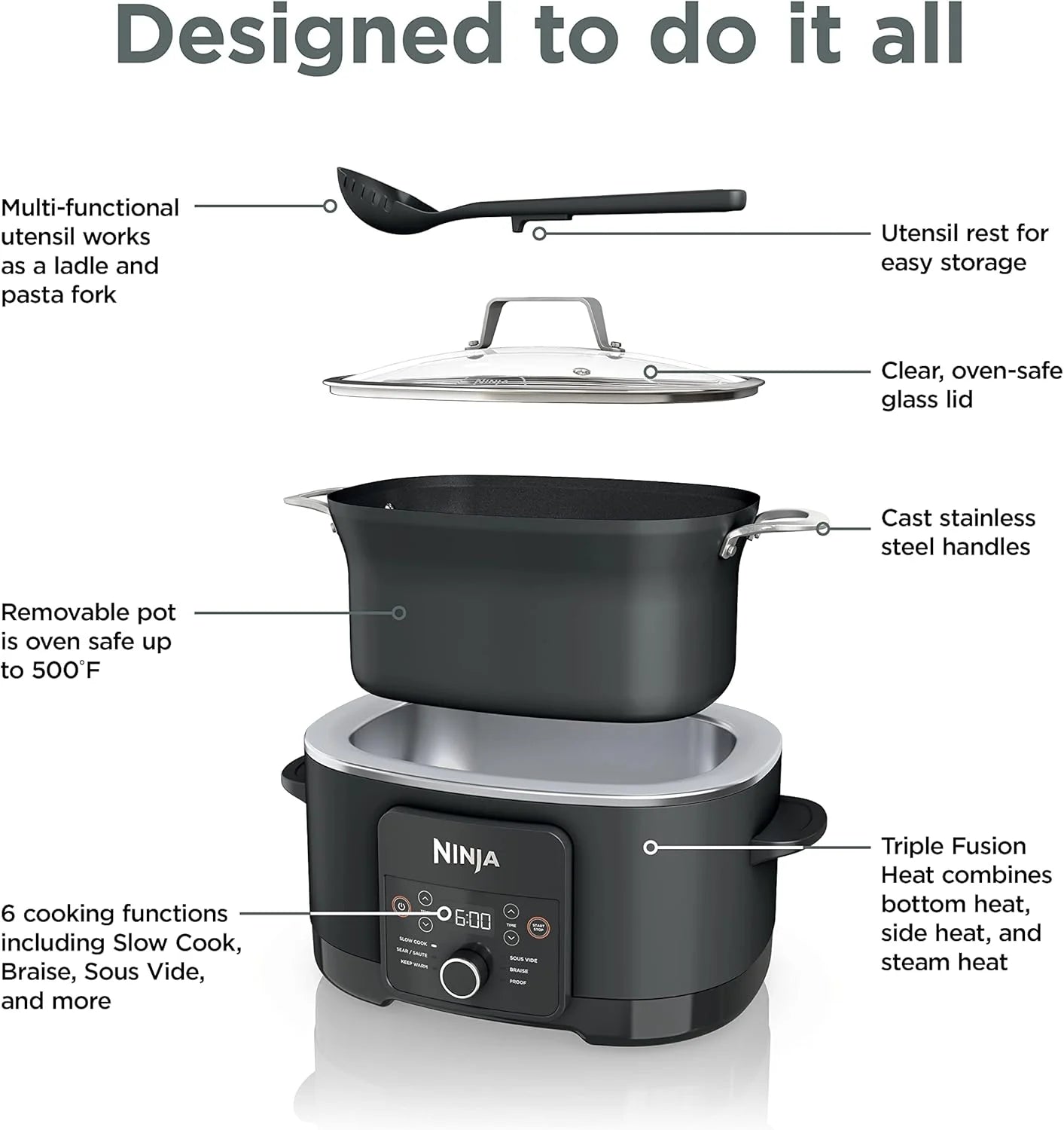 Ninja Slow Cookers 8.5-Quart Multi-Cooker with Dutch oven, steamer, glass lid with integrated spoon, nonstick and oven-safe pot
