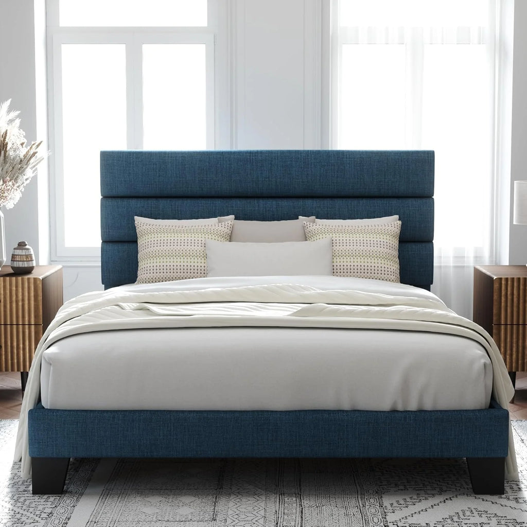 Allewie Queen Size Platform Bed Frame Fabric Upholstered Headboard Wooden Slats Support