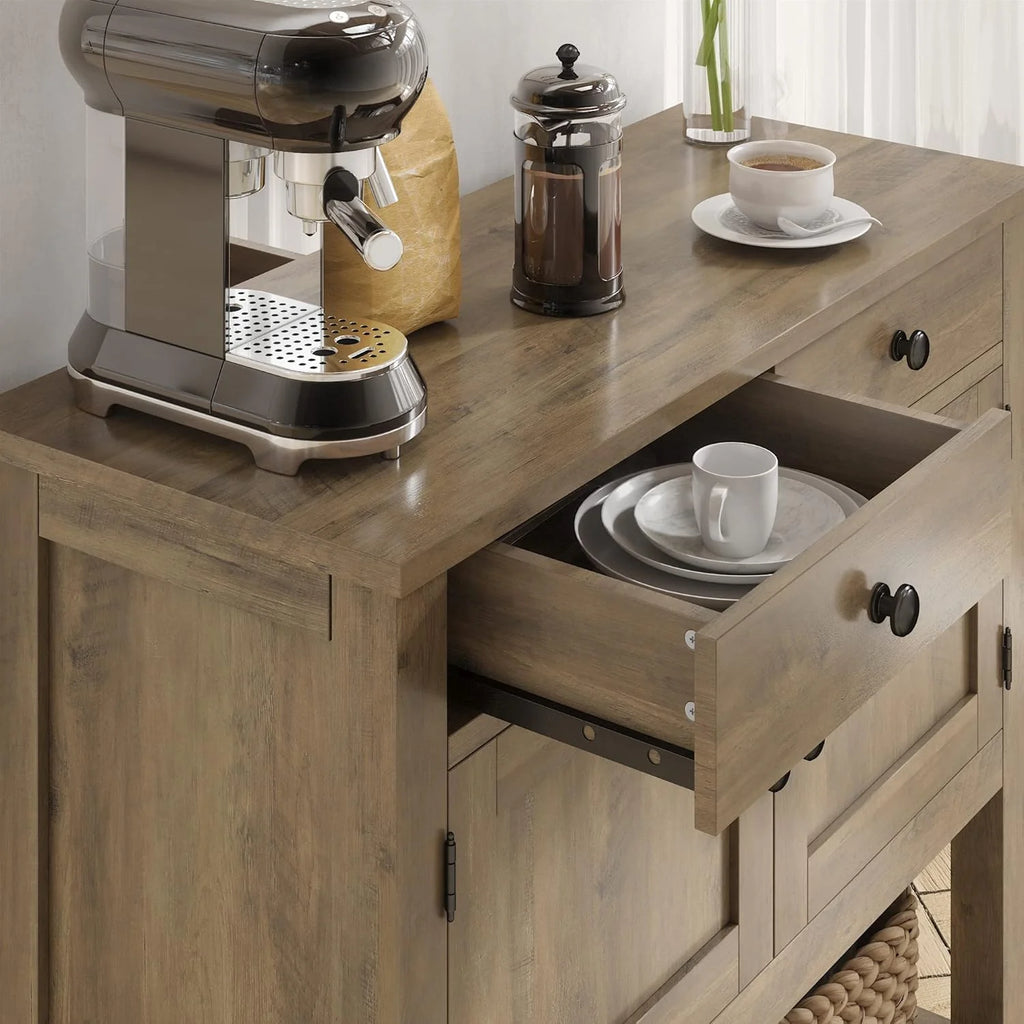 HOSTACK Farmhouse Console Table with 2-Door Cabinet & 2 Drawers, Coffee Bar, Entryway Table with Storage Shelf, Sofa Tables Buffet Sideboard for Kitchen, Hallway, Dining, Living Room, Rustic Brown