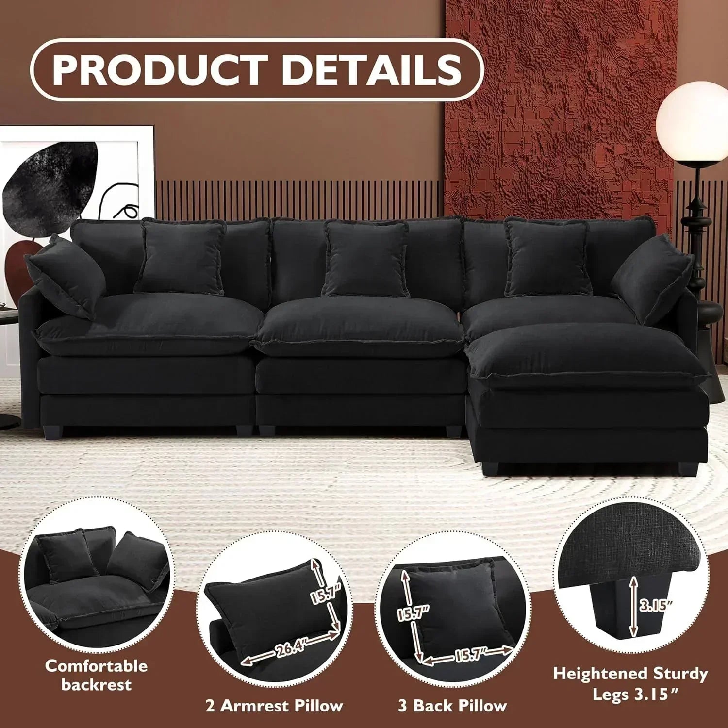 ihanherry 146-inch U-shaped modern sofa modular area cloud sofa