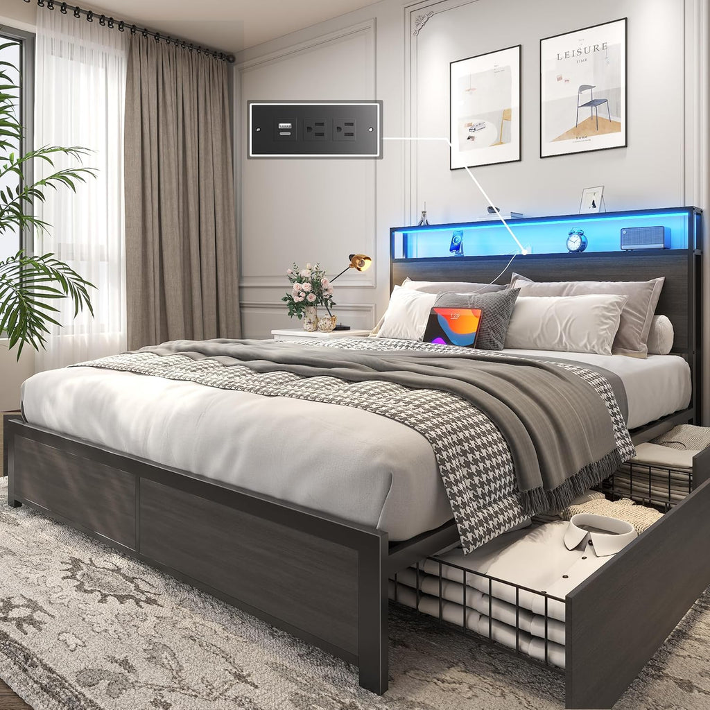 Lifezone Queen Bed Frame with 2-Tier Storage Headboard, Metal Platform Bed Frame with 4 Storage Drawers, Built in Charging Station & LED, Noise-Free/Metal Support/No Box Spring Needed
