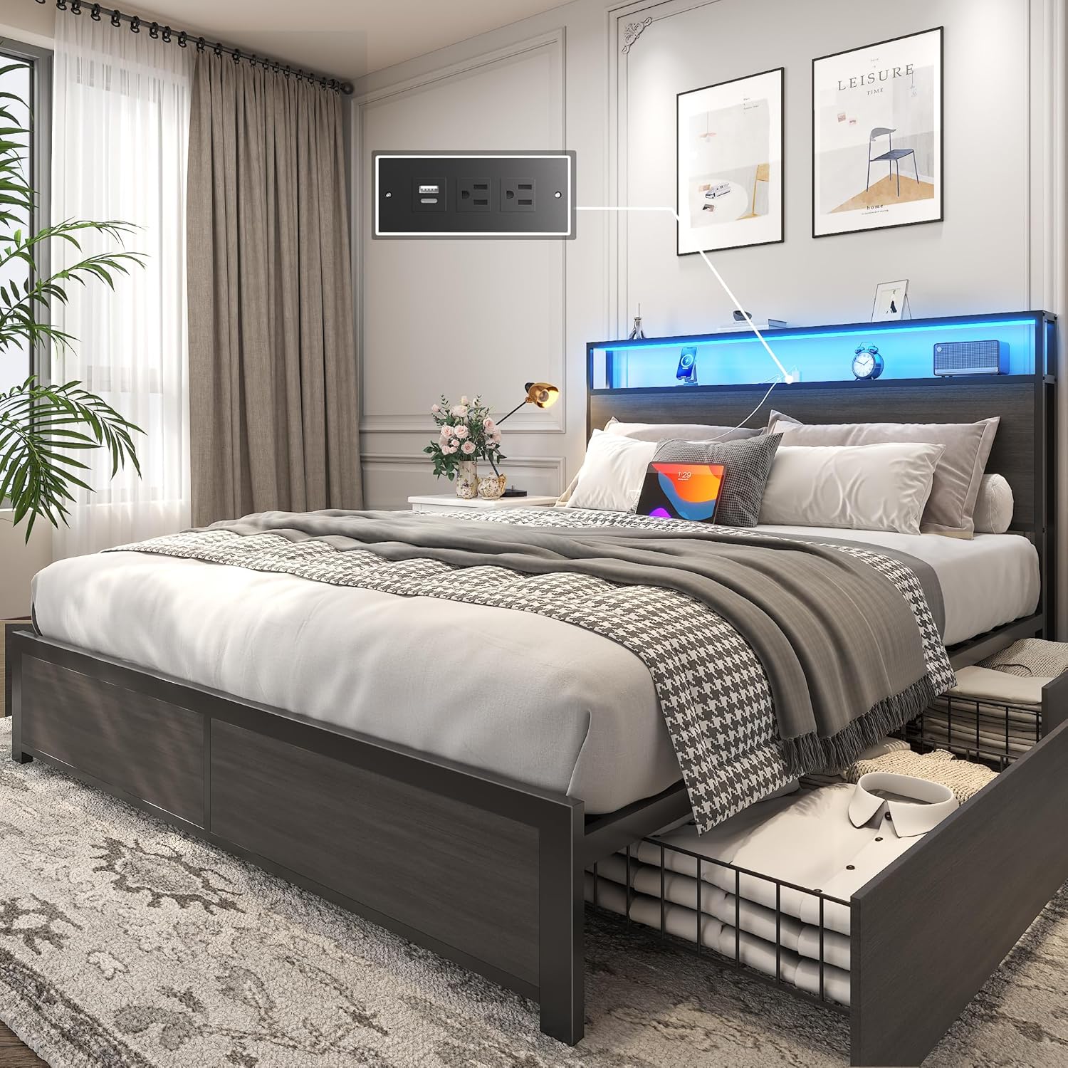 Lifezone Queen Bed Frame with 2-Tier Storage Headboard, Metal Platform Bed Frame with 4 Storage Drawers, Built in Charging Station & LED, Noise-Free/Metal Support/No Box Spring Needed