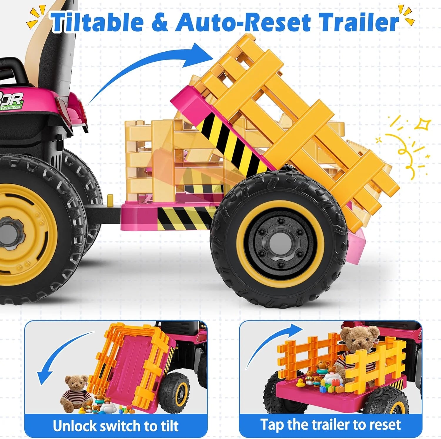 24V Ride On Tractor w/Tiltable & Detachable Trailer, 2x65W Motors, EVA Tires, Remote Control, Bluetooth, Shifter, Music, Electric Car for Kids, Green