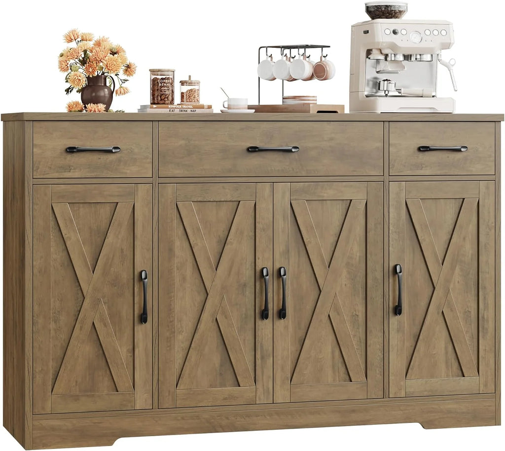 HOSTACK Buffet Cabinet with Drawers, 55 Large Sideboard Buffet Storage Cabinet with Shelves and Doors, Modern Farmhouse Coffee Bar Station Wood Kitchen Table for Kitchen, Dining Room, White/Rustic