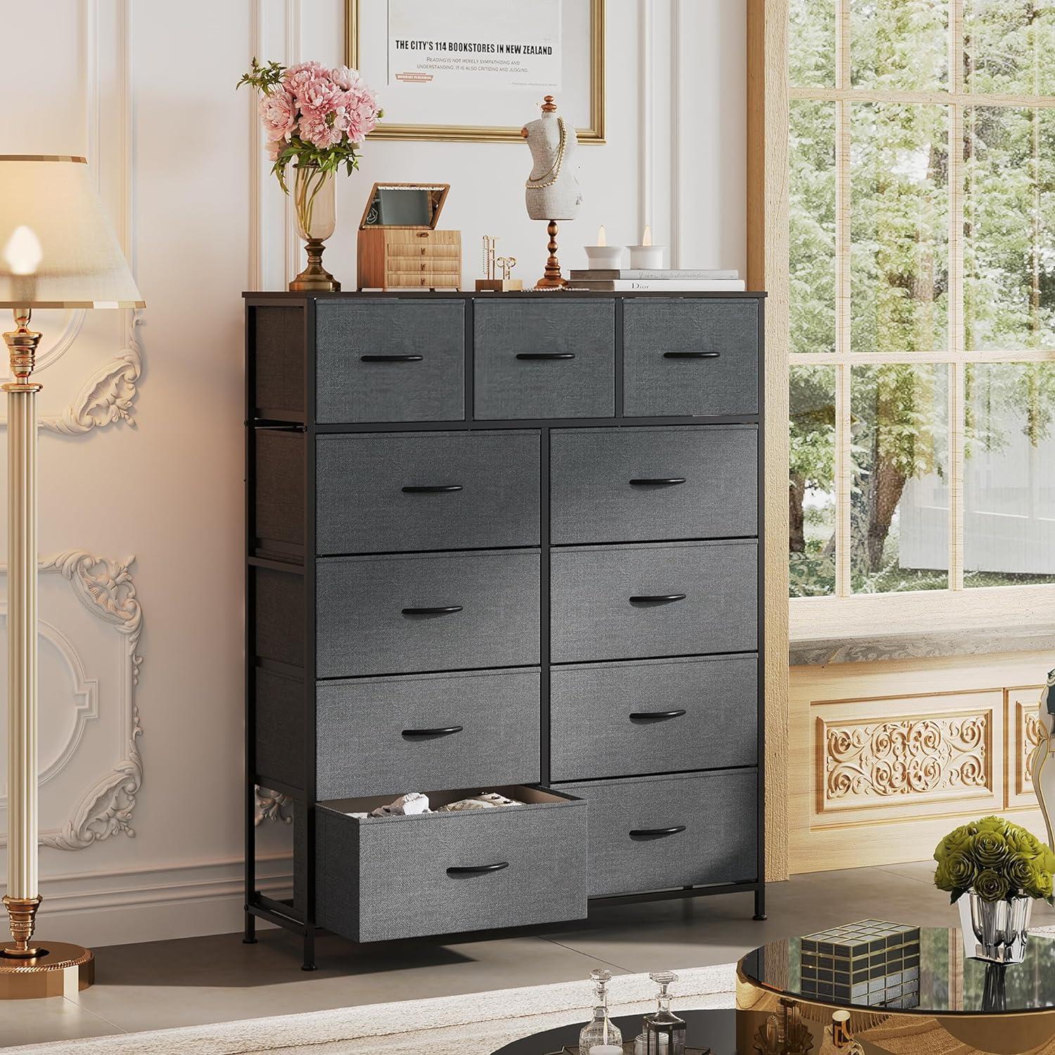 Storage Organizer Unit with 11 Fabric Bins, Storage Drawers Organizer with Steel Frame, Tall Storage Tower Organizaton