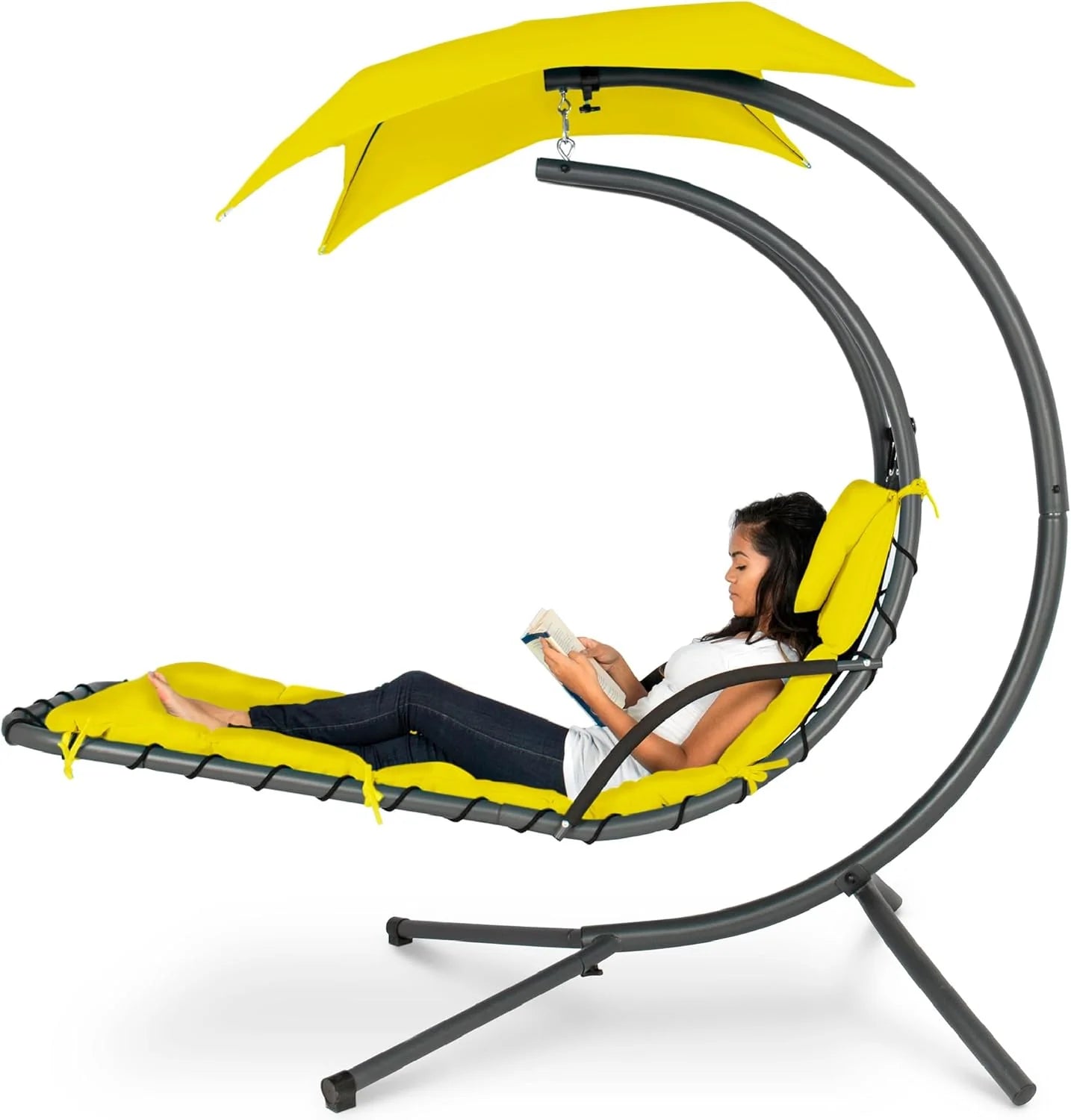 Best Choice Products Outdoor Hanging Curved Steel Chaise Lounge Chair Swing w/Built-in Pillow and Removable Canopy - Charcoal Gray