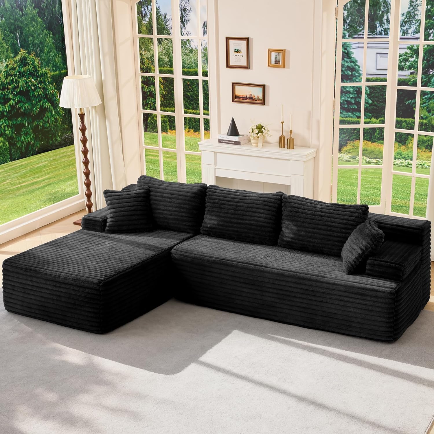 Modular Sectional Sofa Couches L-Shape Couch 3 Seat Modular Sofa Memory Foam Sectional Couches for Living Room, Cloud Couch with Oversized Chaise (Grey Stripe, 96 Left Facing Chaise)