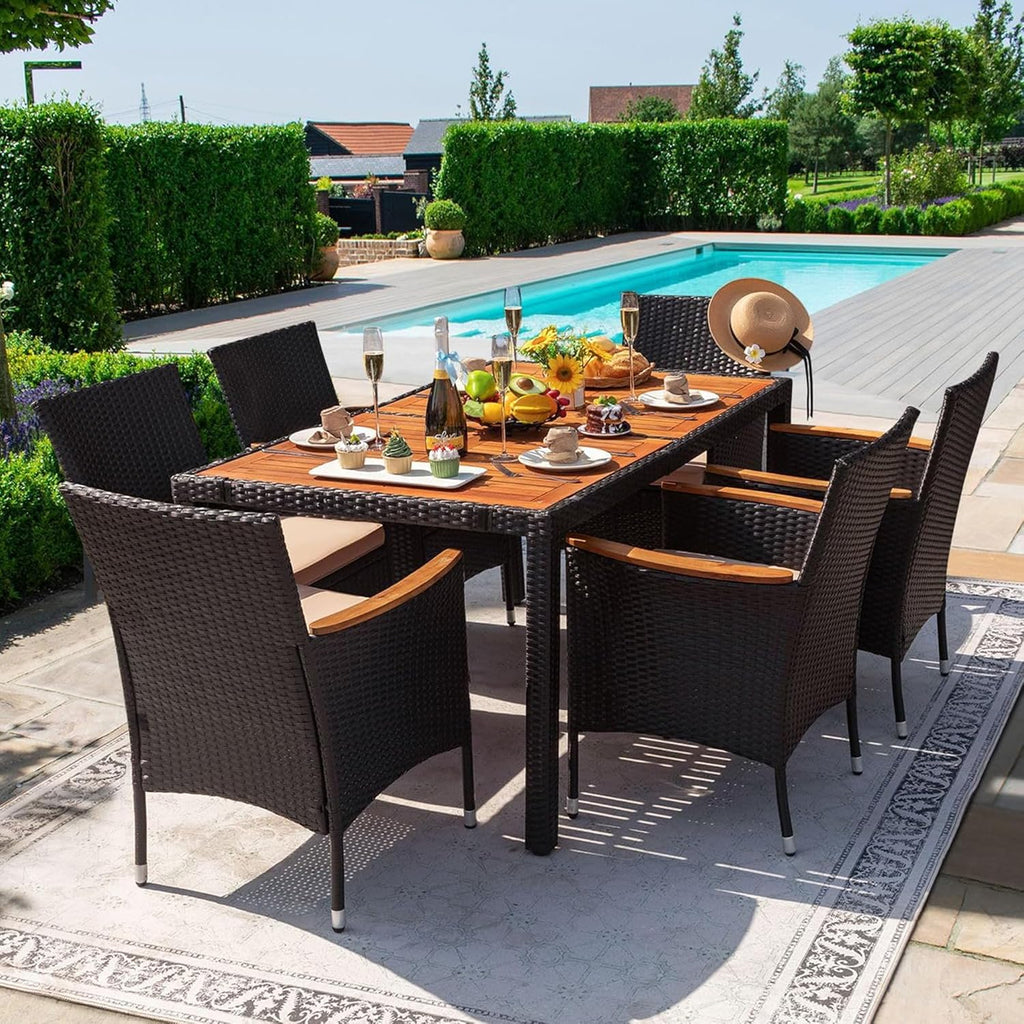 Devoko Dining 7 PCS Furniture Patio Conversation Set with Acacia Wood Table Top Rattan Outdoor