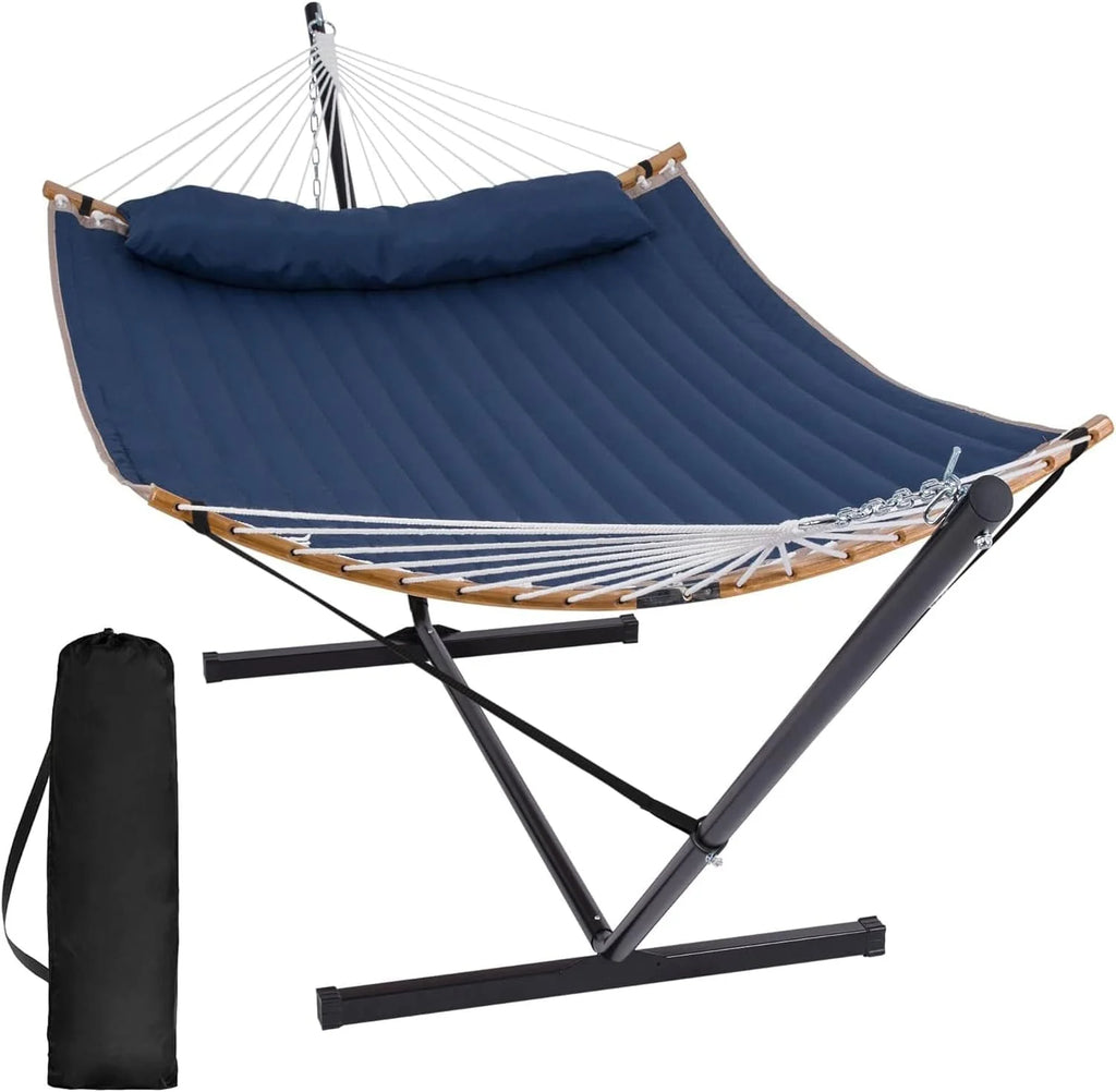 SUNCREAT Double Portable Hammock with Stand 2 Person Hammock with Curved Spreader Bar