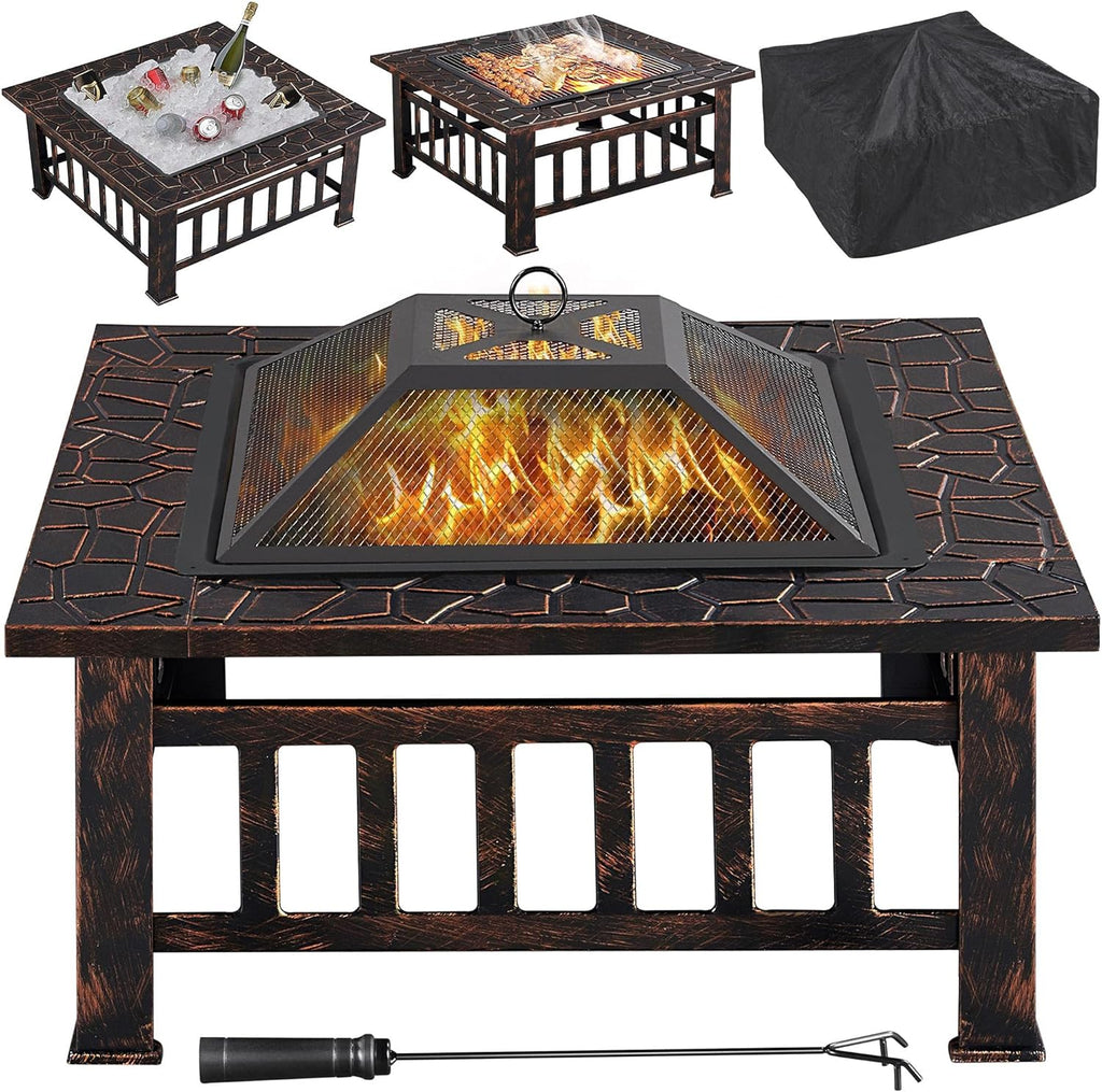 Yaheetech Multifunctional Fire Pit Table Square Metal Firepit Stove Backyard Patio Garden Fireplace