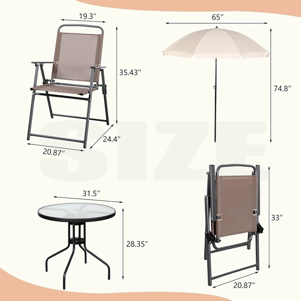 Vongrasig 6 Piece Folding Patio Dining Set,Small Metal Outdoor Garden Patio Table and Chair Set w/Umbrella for Lawn,Deck,Backyard,Black