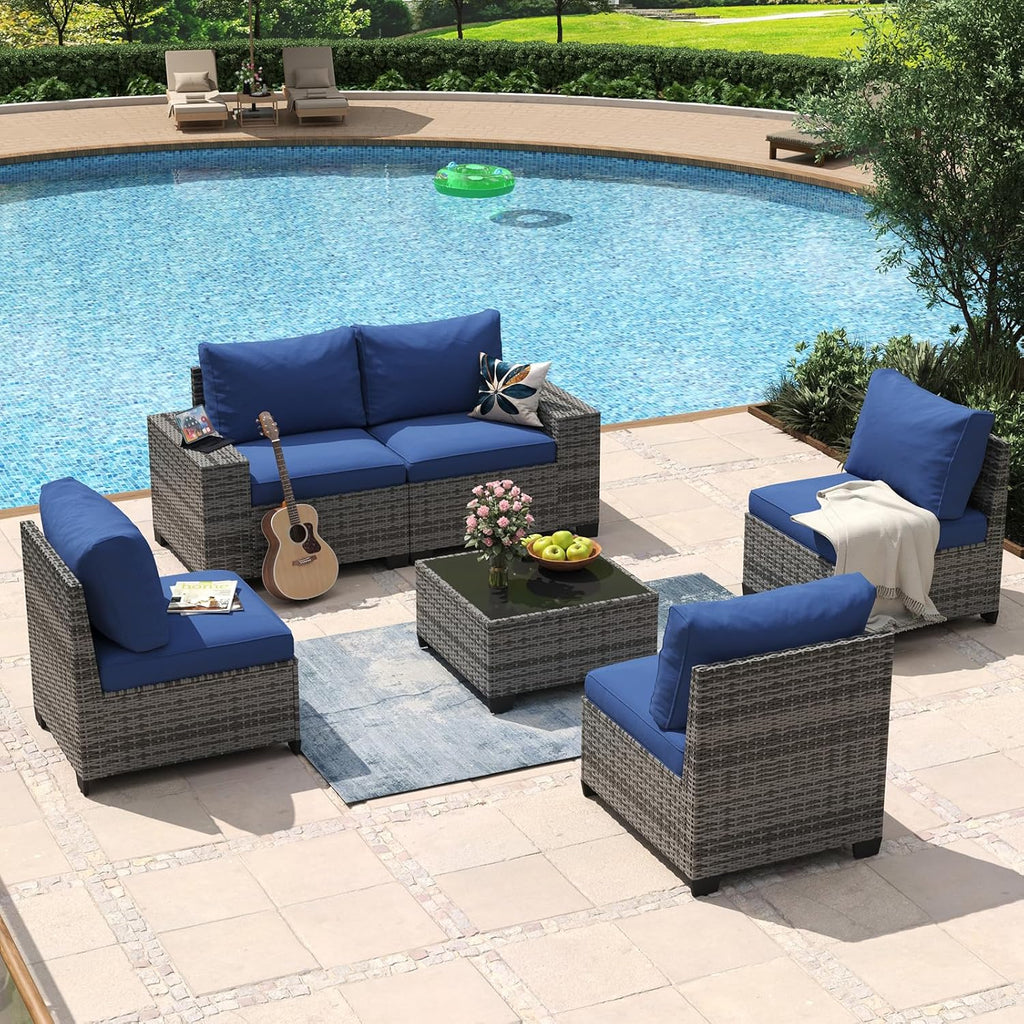 Aoxun 8 Piece Patio Furniture Set with 44?Fire Pit Table Wicker Rattan Outdoor Sectional Sofa Set with Coffee Table and Thickened Cushions, Beige (Waterproof Cover Included)
