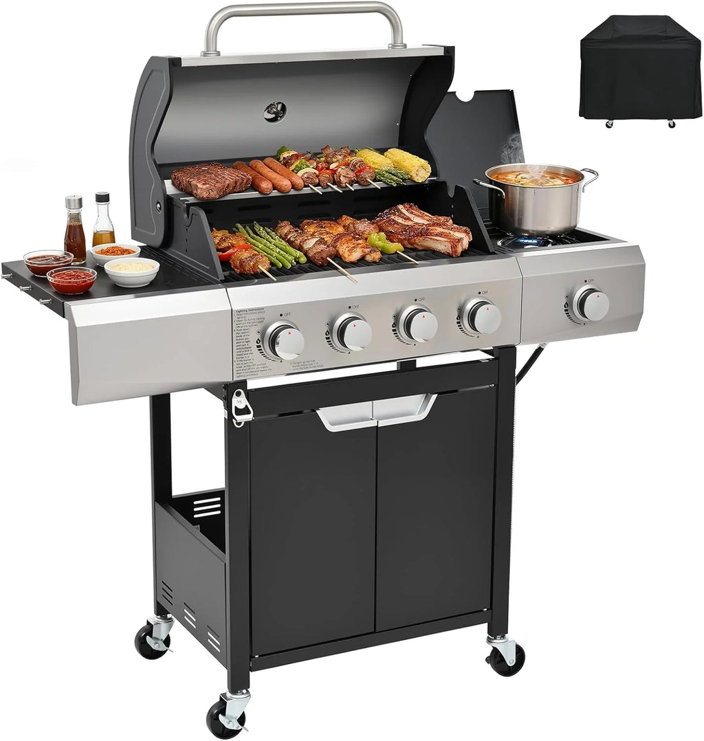 4-Burner Propane Gas Grill with Side Burner, 46,500 BTU Output Stainless Steel Grill