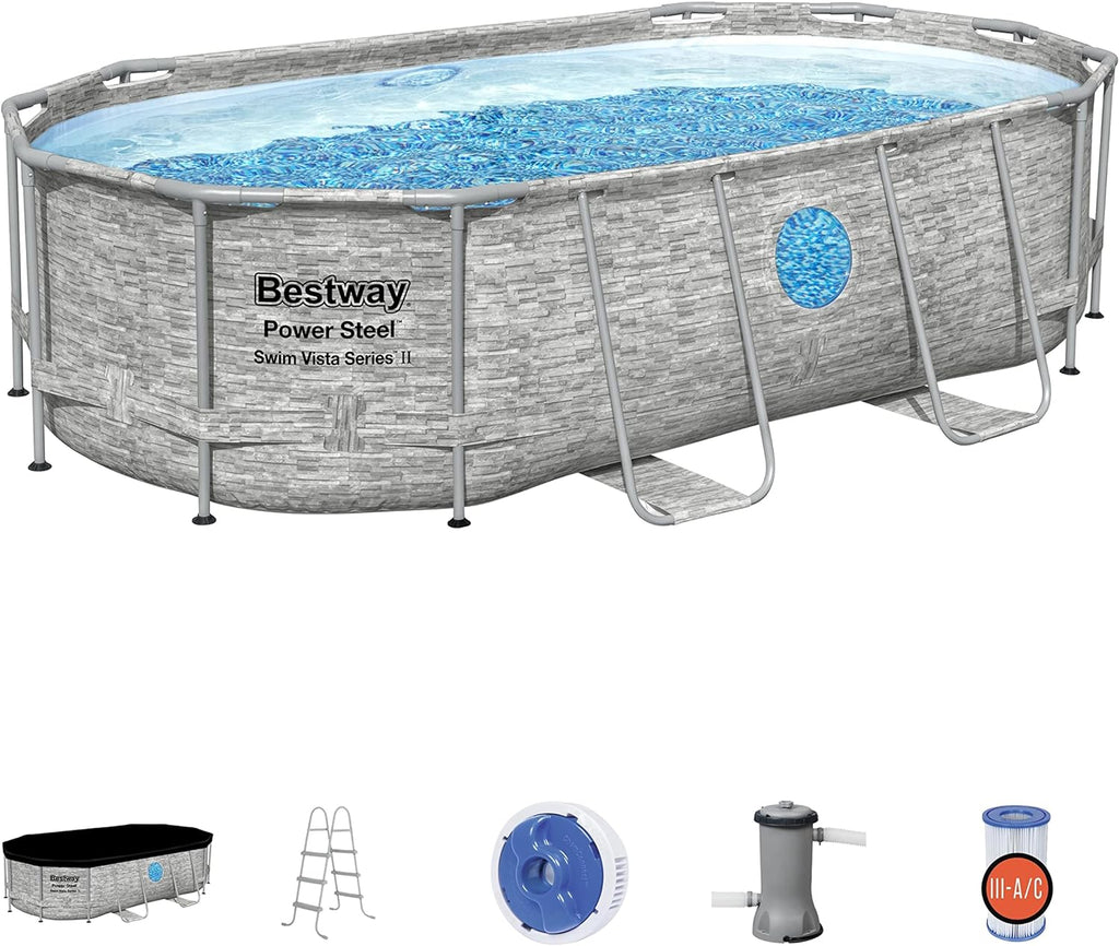 Power Steel 14' x 8'2 x 39.5 Oval Above Ground Pool Set | Includes 530gal Filter Pump, Ladder, ChemConnect Dispener