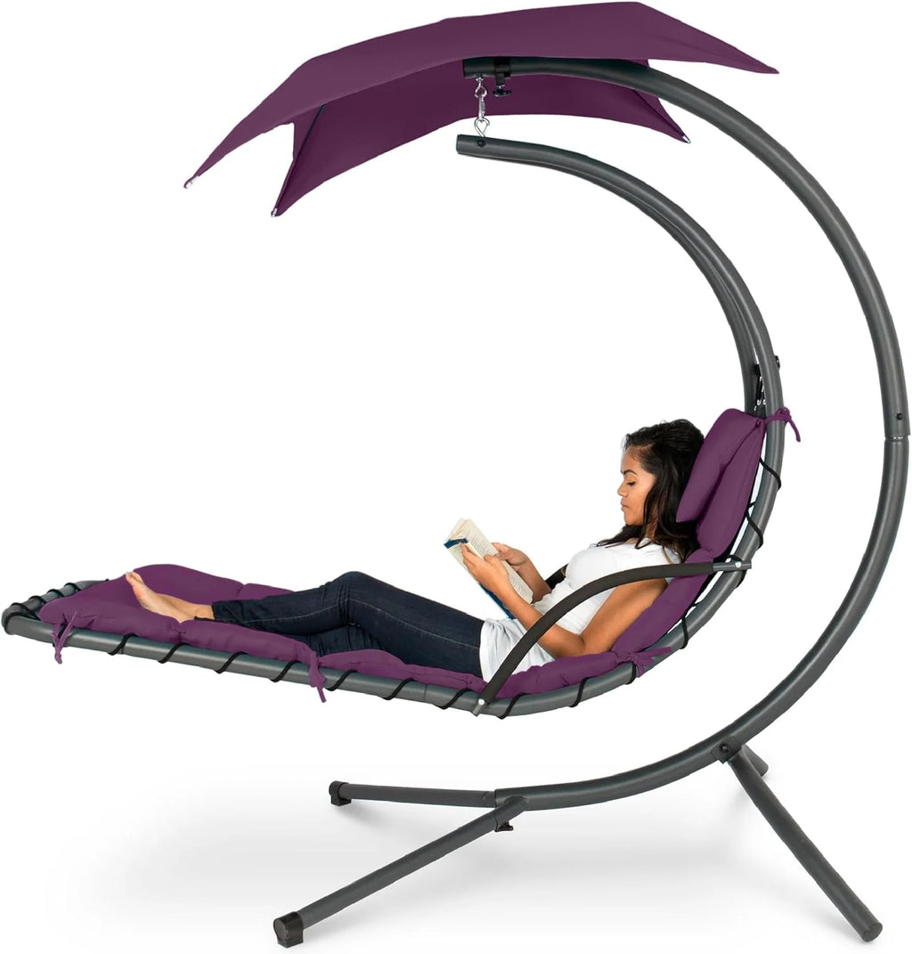 Best Choice Products Outdoor Hanging Curved Steel Chaise Lounge Chair Swing w/Built-in Pillow and Removable Canopy - Teal