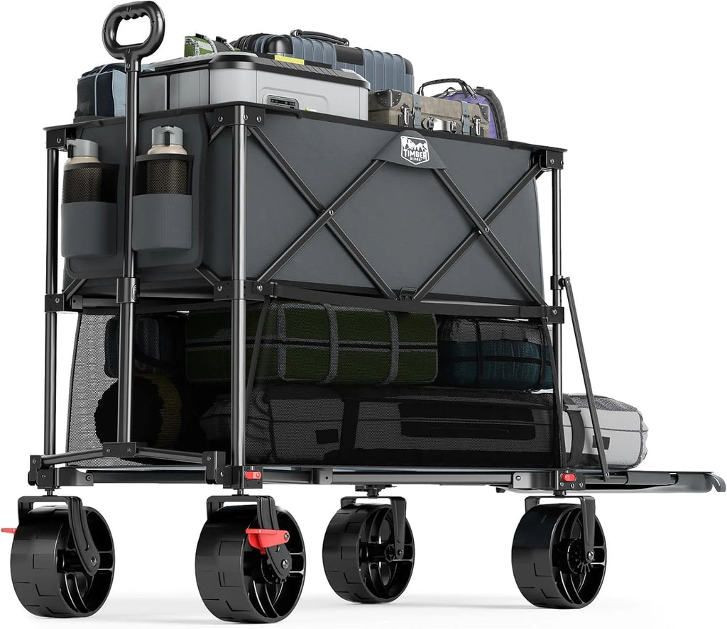 400L Large Capacity Folding Double Decker Cart with Brakes, 54 Inch Extra Long Extended Cart, 450 Pounds Heavy Duty Folding Cart