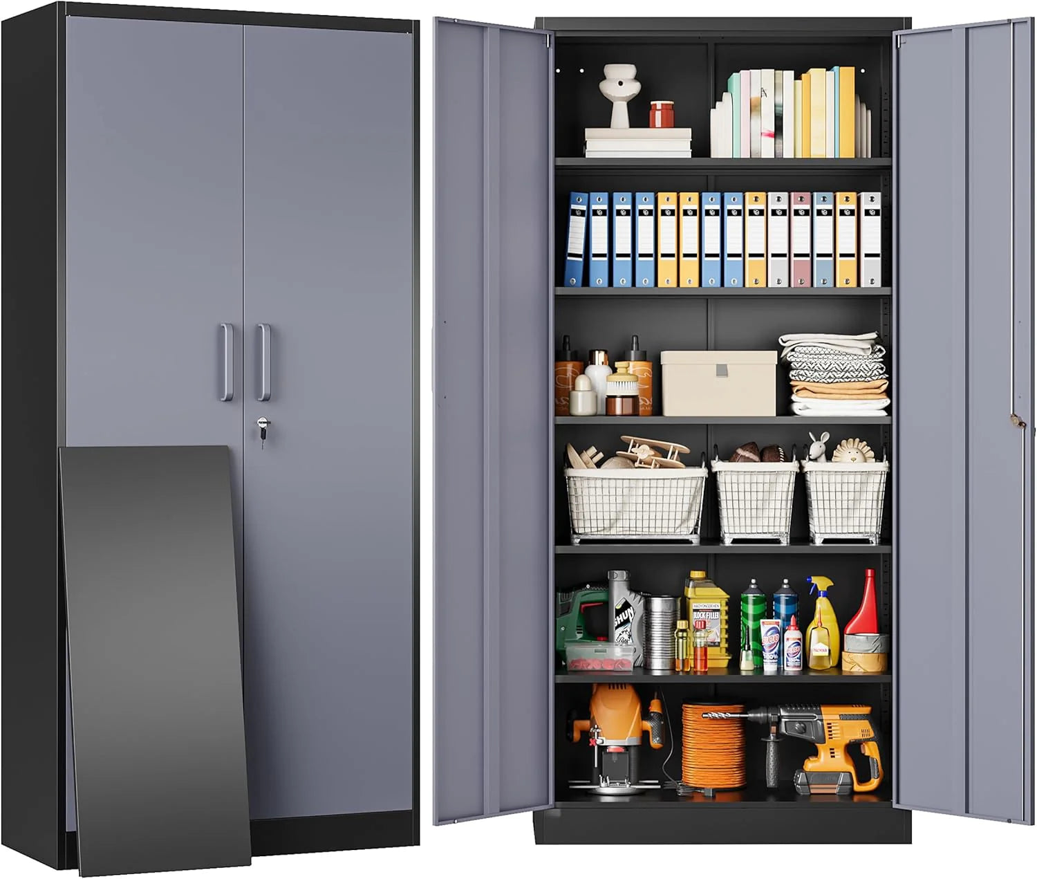 Metal Storage Cabinet with 2 Doors and 6 Shelves,Black Metal Cabinet with Lock,71 Lockable Garage Storage Cabinets,Locking File Cabinet,Steel Tool Cabinets for Home,Office,Garage,Shop,School