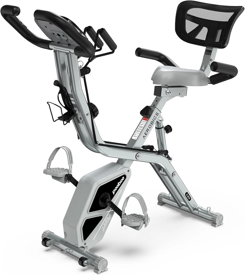 pooboo Folding Exercise Bike, Foldable Fitness Stationary Bike Machine, Upright Indoor Cycling Bike, Magnetic X-Bike with 8-Level Adjustable Resistance, Bottle Holder & Back Support Cushion for Home Gym Workout
