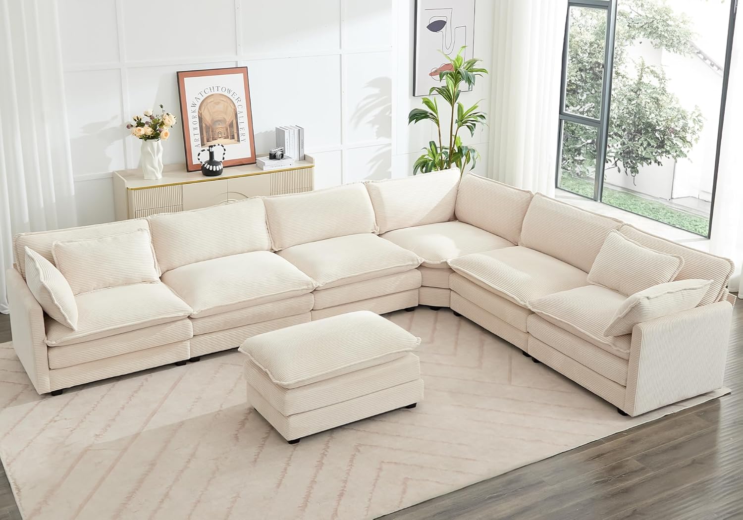 ROWHY Oversized Modular Sectional Sofa with Movable Ottoman, 112 Inch 4 Seat Modern Corduroy Sofa Set, Convertible L Shaped Couch for Living Room and Office, Beige