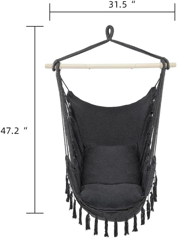 ONCLOUD Hammock Chair Hanging Rope Swing, Load Capacity Up to 550 LBS Macrame Hammock Swing Seat with Two Cushions, Hammock Seats with Portable Steel Spreader Bar for Indoor/Outdoor, Black