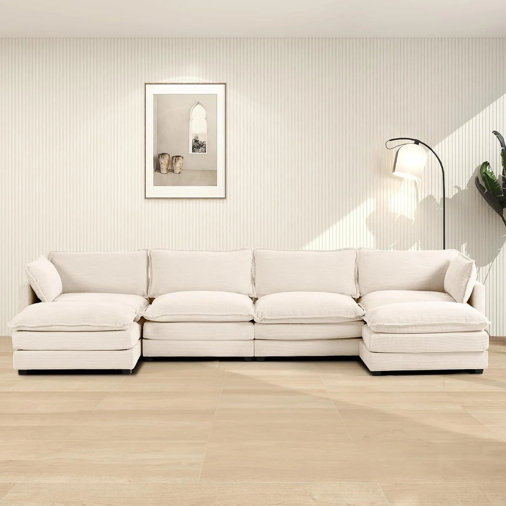 ROWHY Oversized Modular Sectional Sofa with Movable Ottoman, 112 Inch 4 Seat Modern Corduroy Sofa Set, Convertible L Shaped Couch for Living Room and Office, Beige