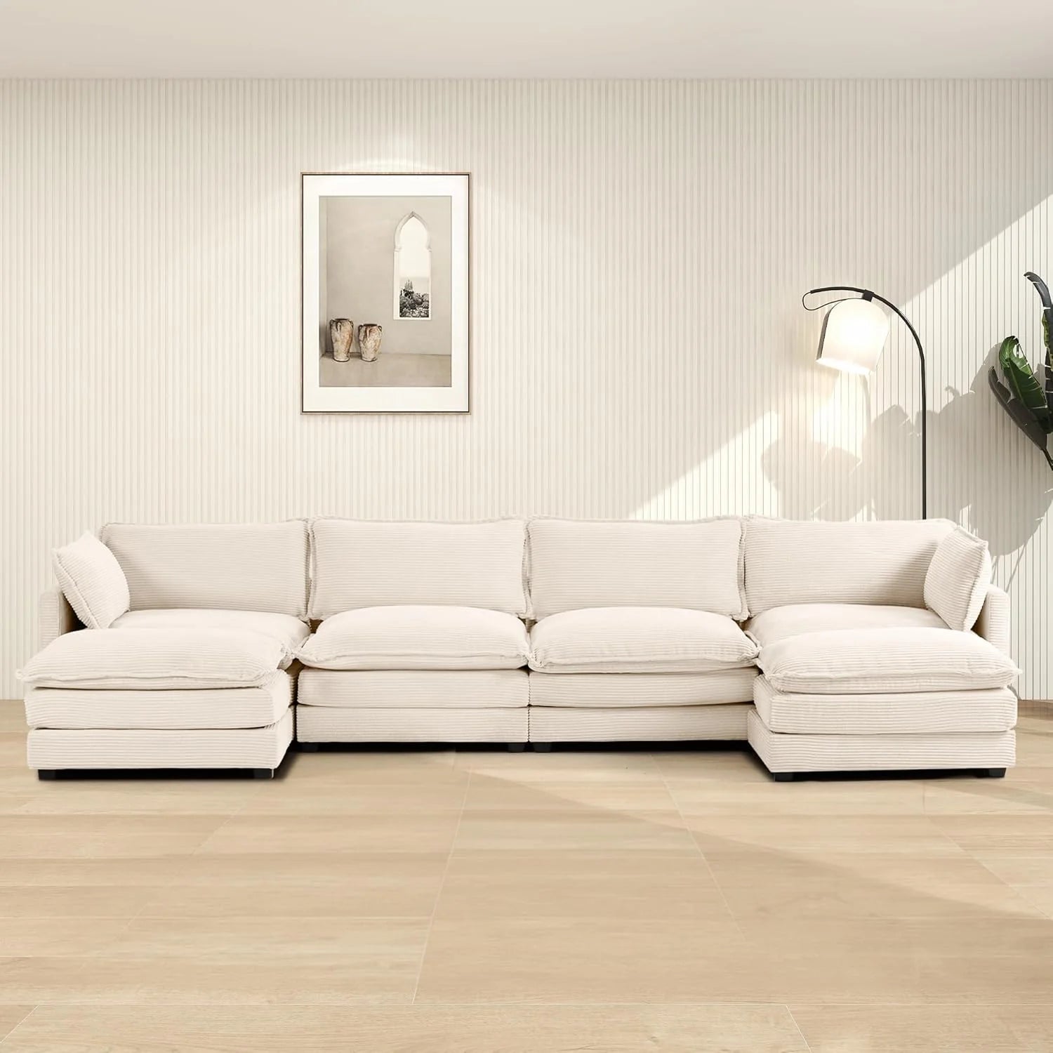 ROWHY Oversized Modular Sectional Sofa with Movable Ottoman, 112 Inch 4 Seat Modern Corduroy Sofa Set, Convertible L Shaped Couch for Living Room and Office, Beige