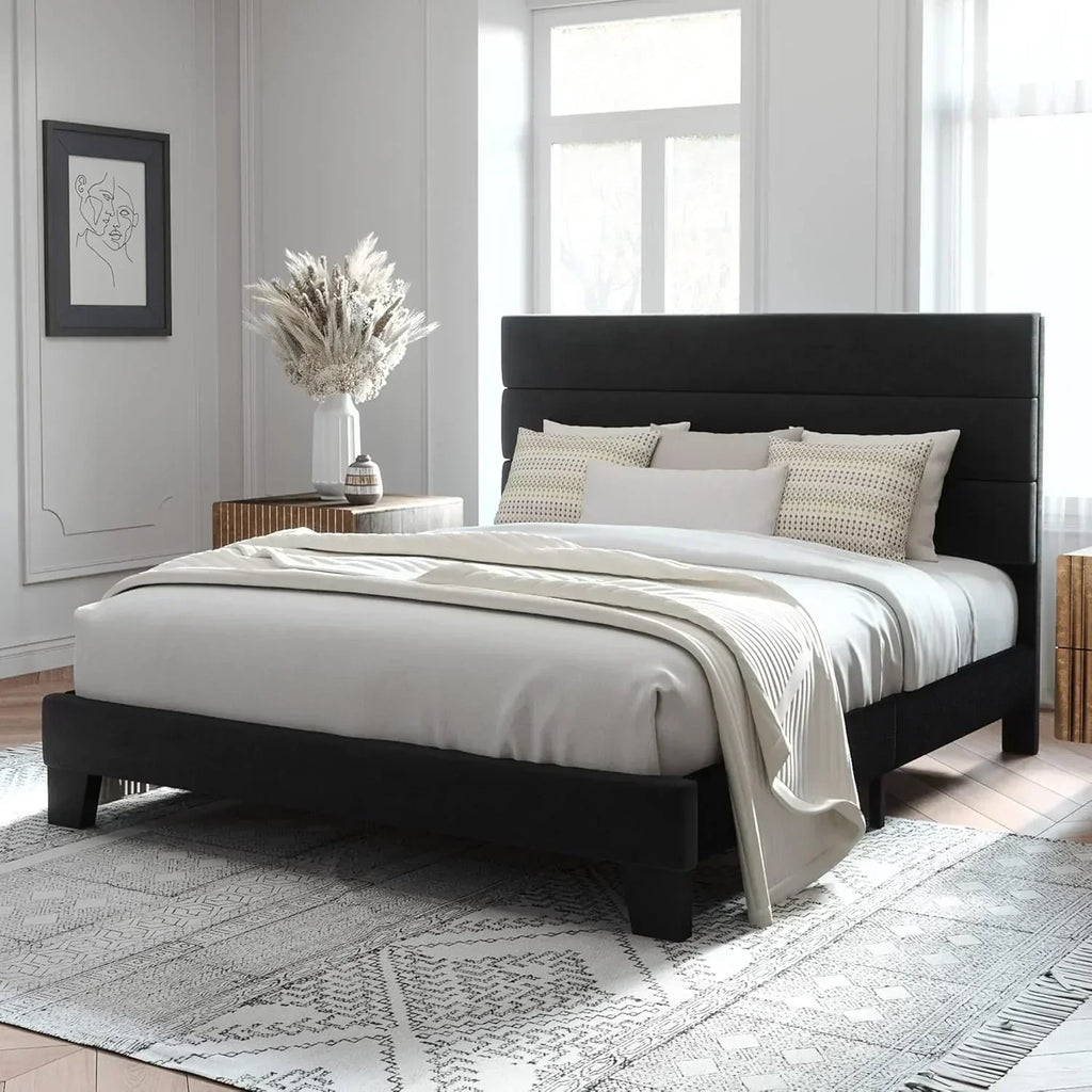 Allewie King size platform bed frame with velvet upholstered headboard and planks