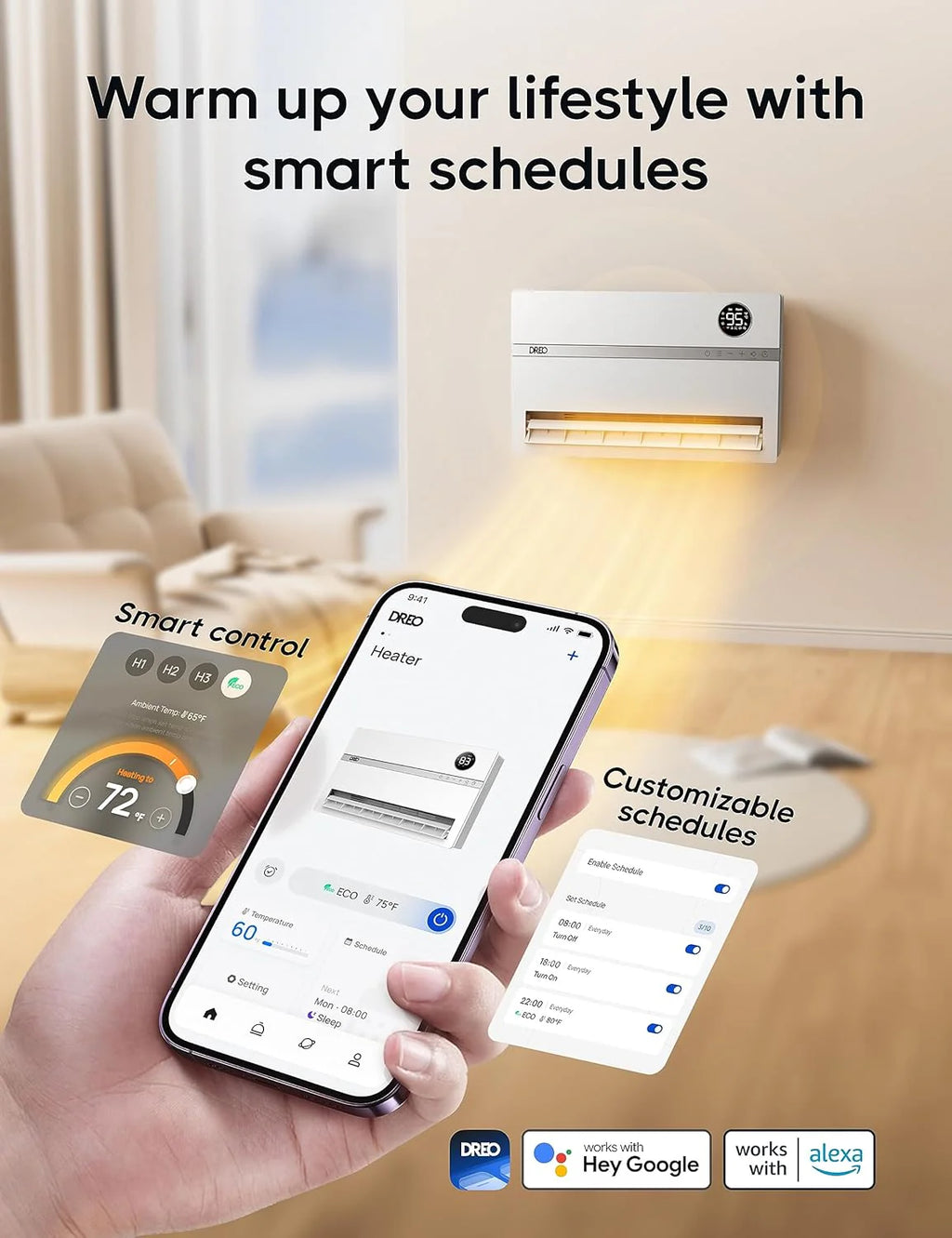 Smart wall mounted heater, bedroom electric heater, 1500W adjustable thermostat 24-hour timer easy to install indoor heater