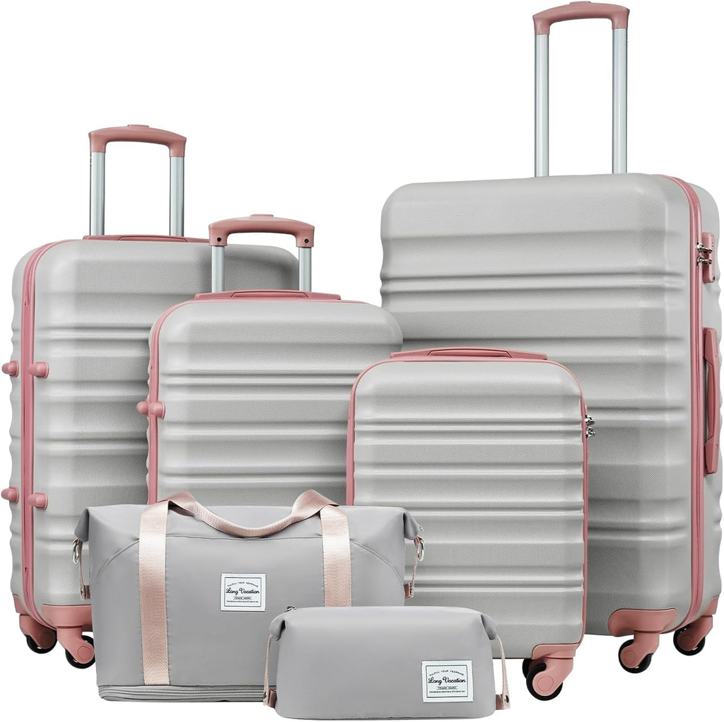 LONG VACATION 6 Piece Luggage Set Carry on Suitcase with ABS+PC hardshell, Spinner Wheels & YKK Zipper TSA Lock