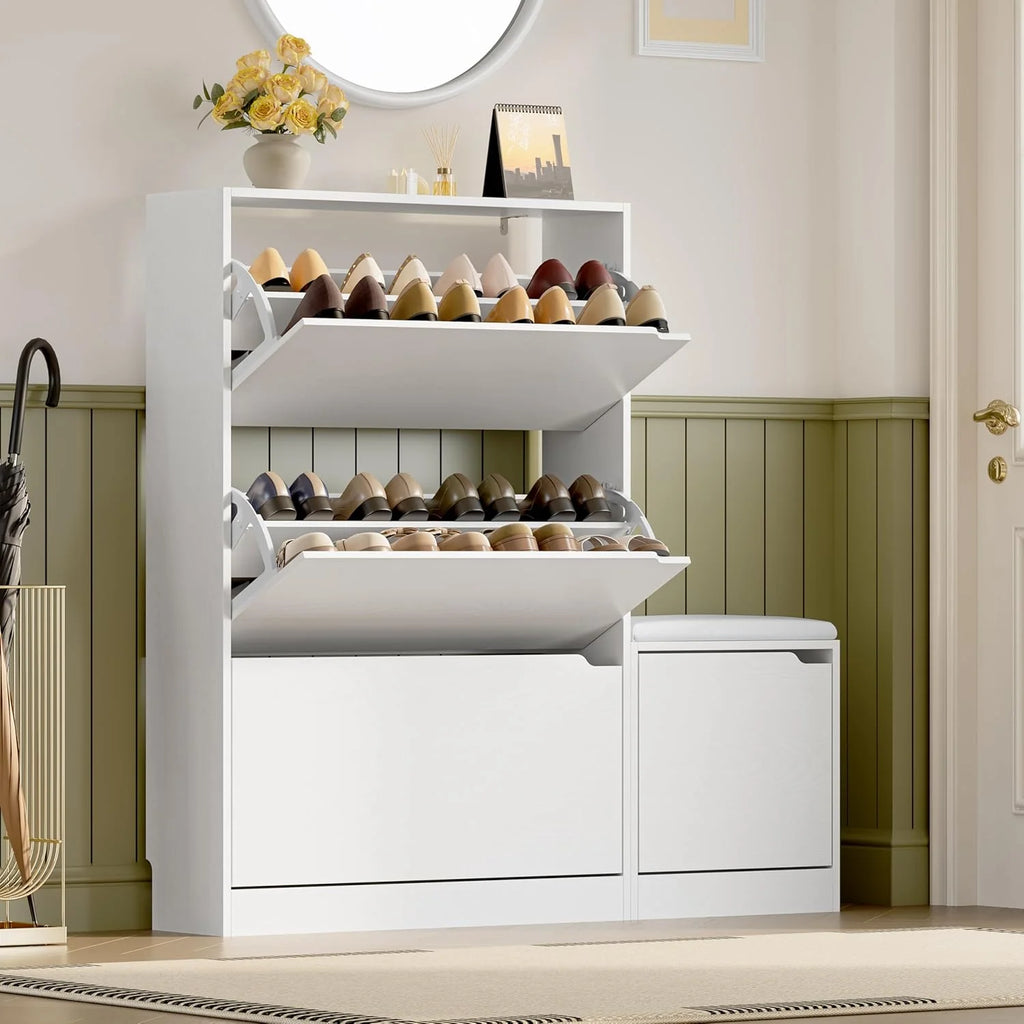 Shoe Cabinet with 3 Flip Drawers, Hidden Wood Shoe Cabinet,Freestanding Shoe Storage Cabinet