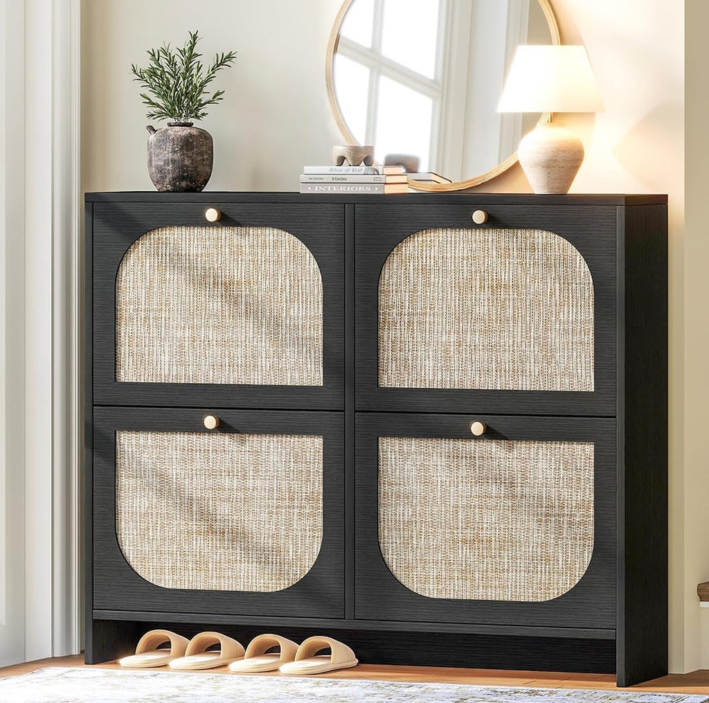 Nicetree Freestanding Ultra Slim Arched Rattan Accent Shoe Storage  Modern Rustic Shoe Rack